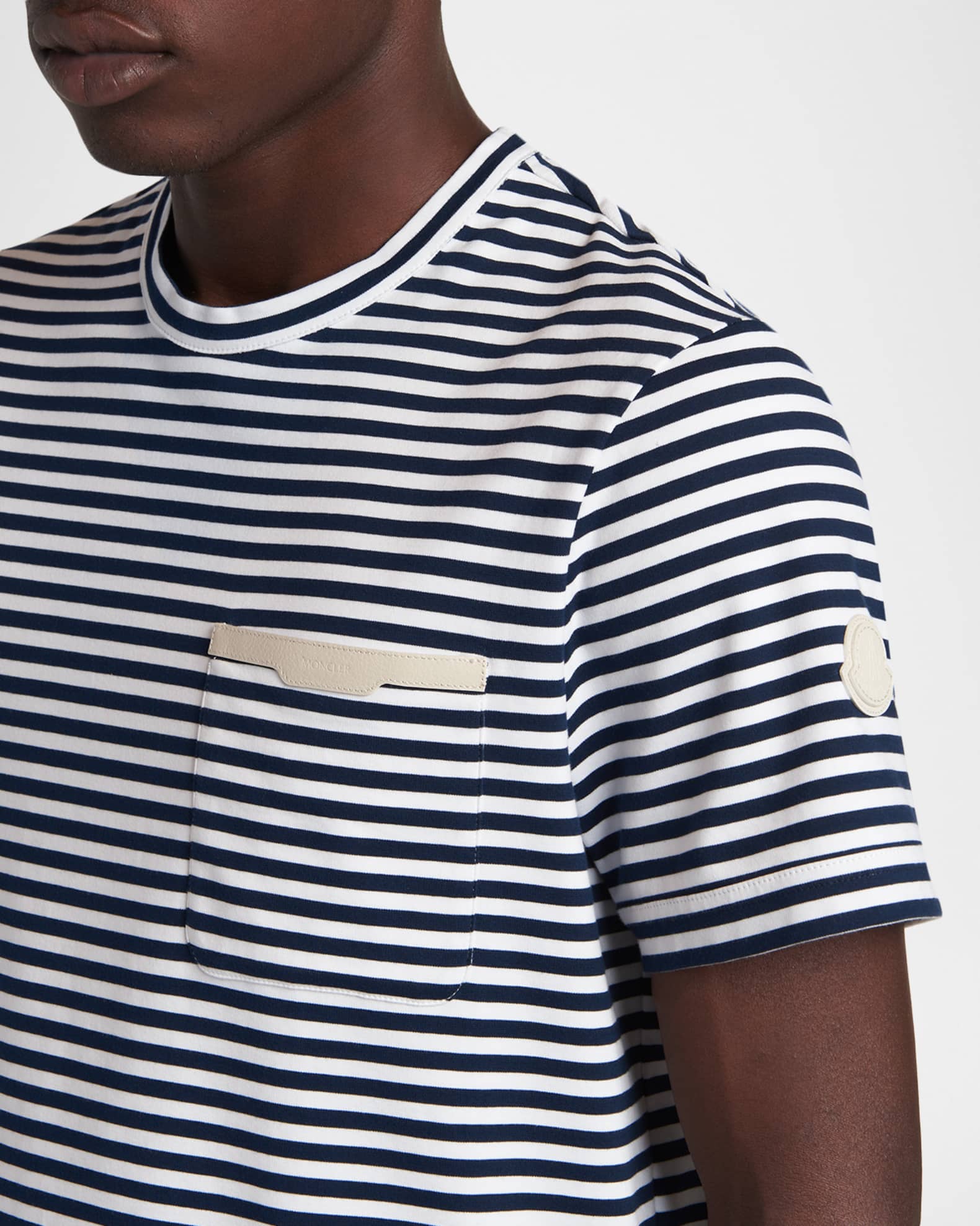 Moncler Men's Stripe Leather-Trim Pocket T-Shirt | Neiman Marcus