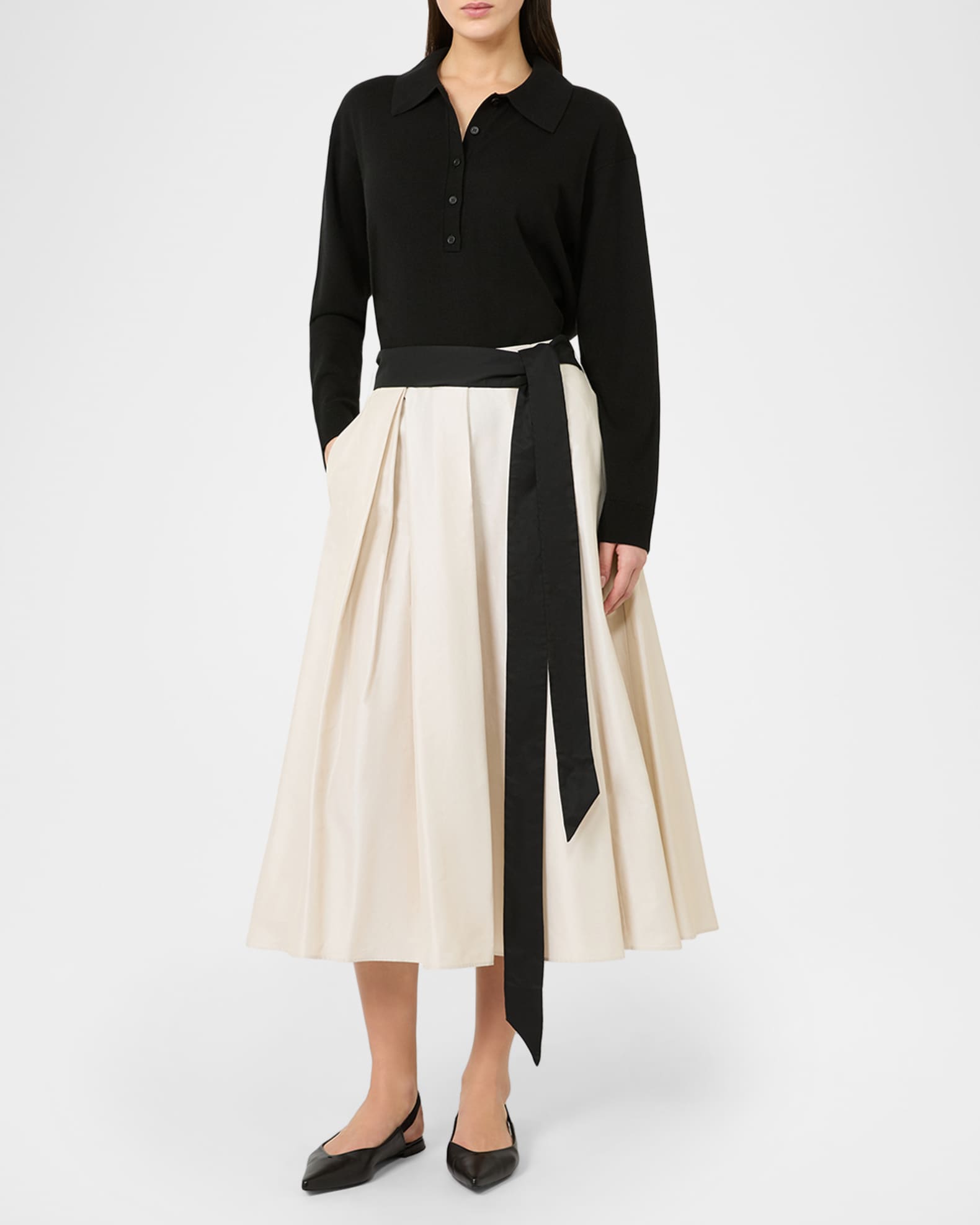 【5525 × MAICHI】STRETCH PLEATS SKIRT Max Mara Baschi Waist-Sash Pleated Taffeta Midi Skirt | Neiman Marcus