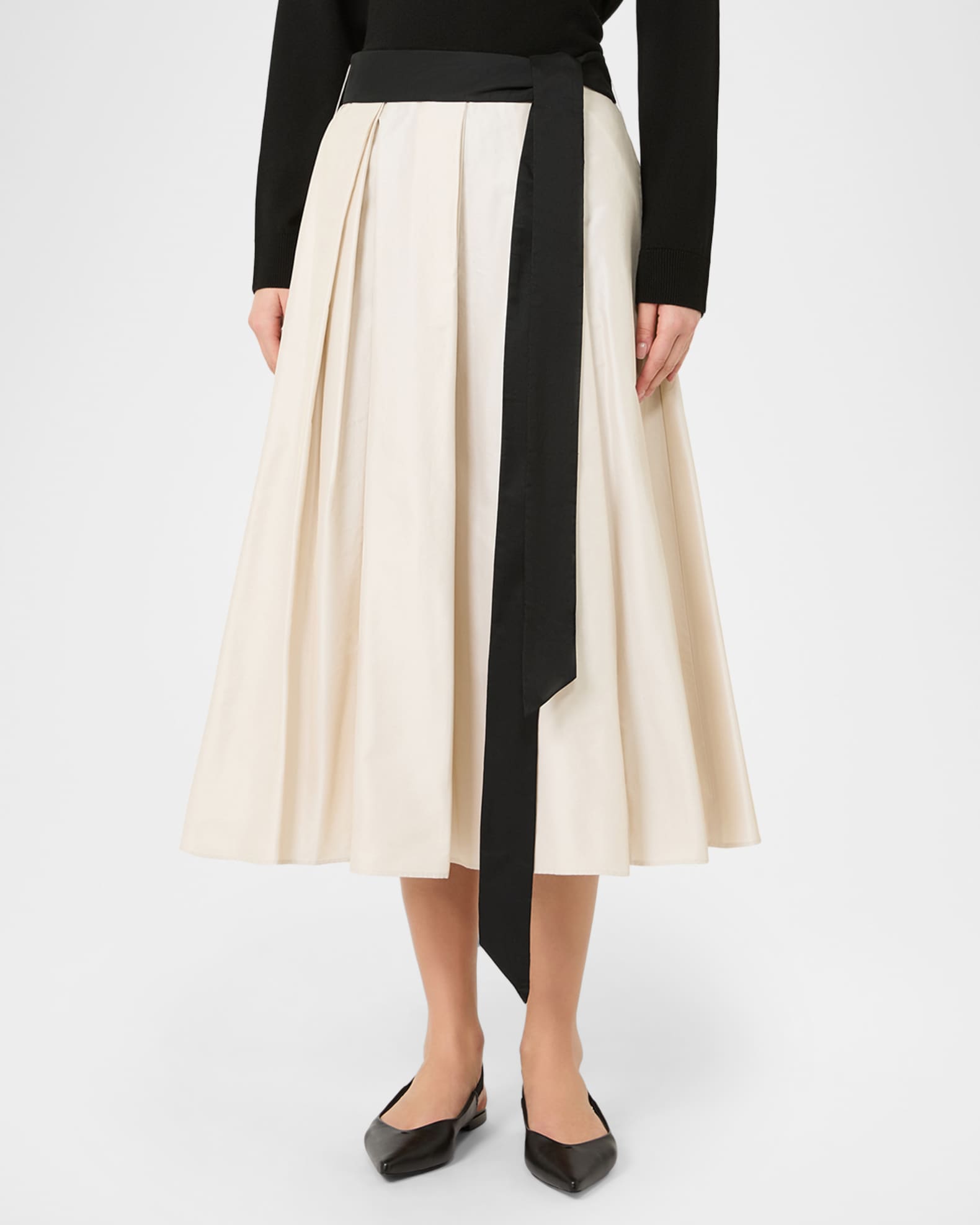 Max Mara Baschi Waist-Sash Pleated Taffeta Midi Skirt | Neiman Marcus