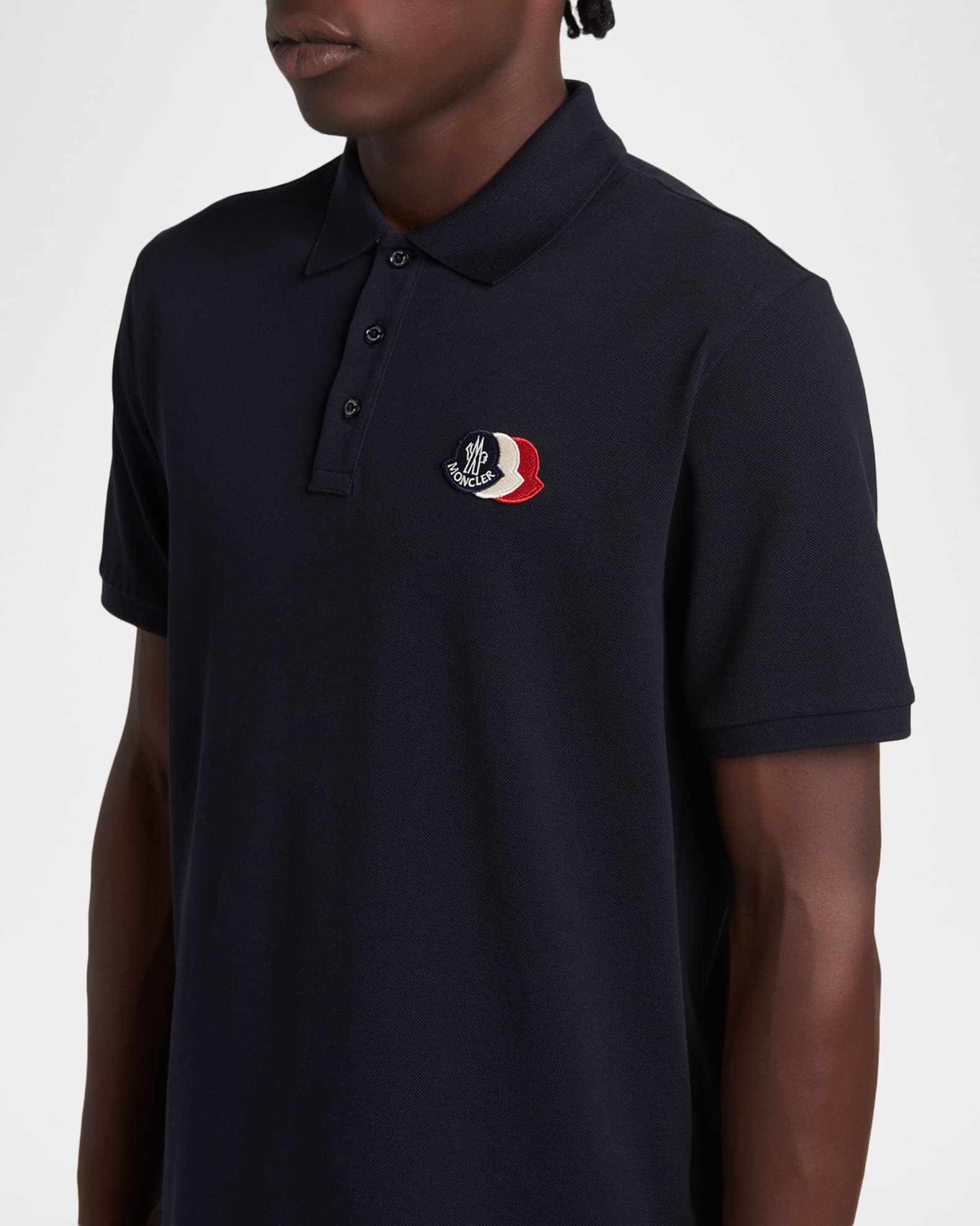 Moncler Men's Cotton Pique Tricolor Logo Patch Polo Shirt | Neiman