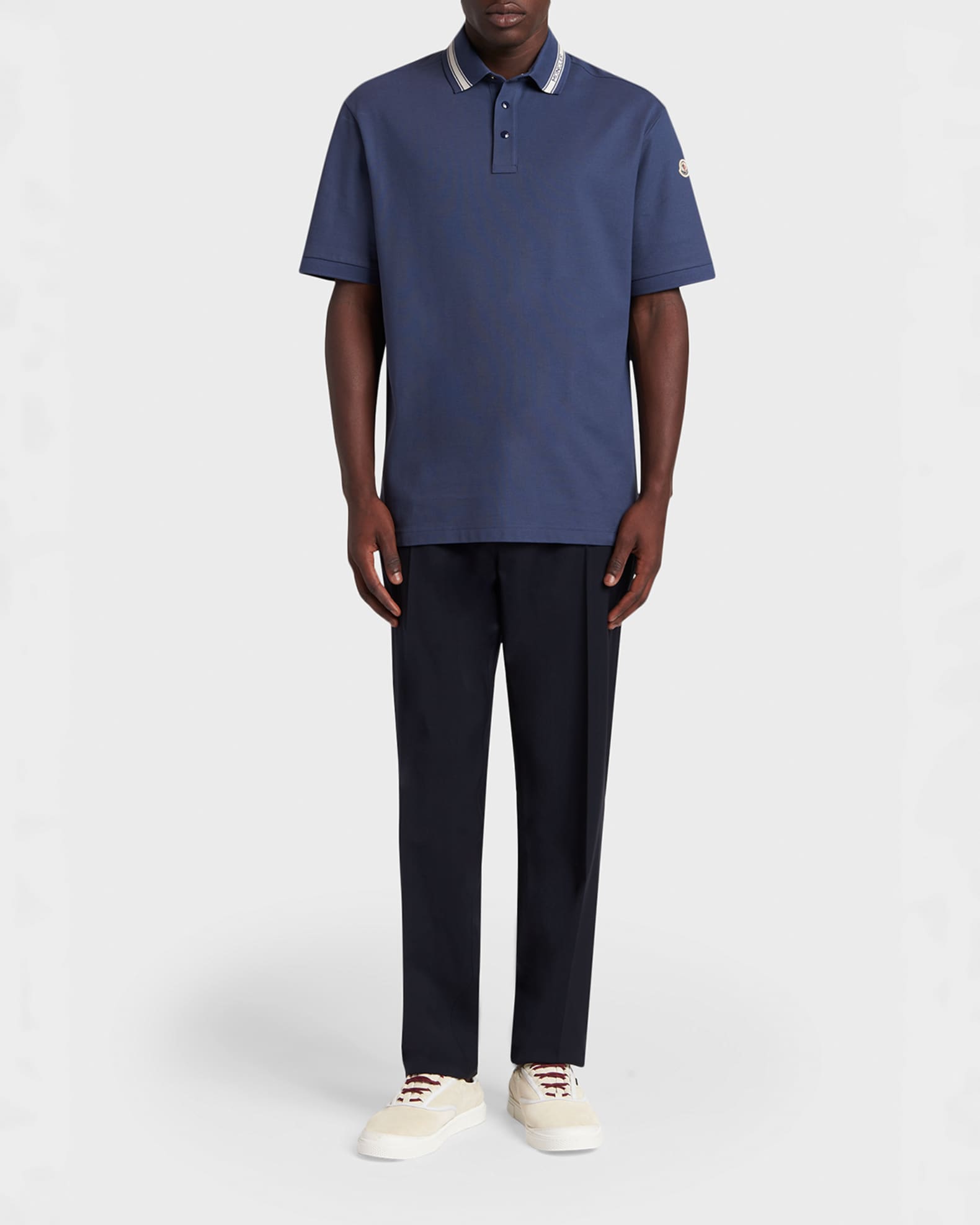Moncler Men's Stripe-Trim Cotton Pique Polo Shirt | Neiman Marcus