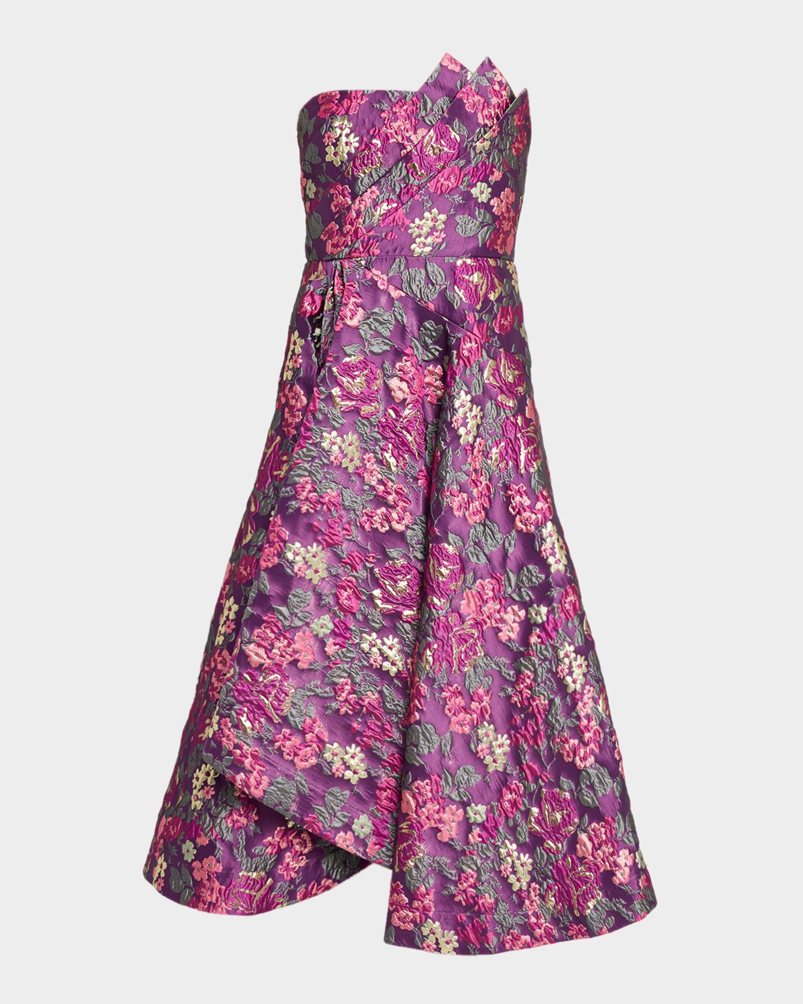 Theia Carolina Strapless Floral Jacquard Midi Dress | Neiman Marcus