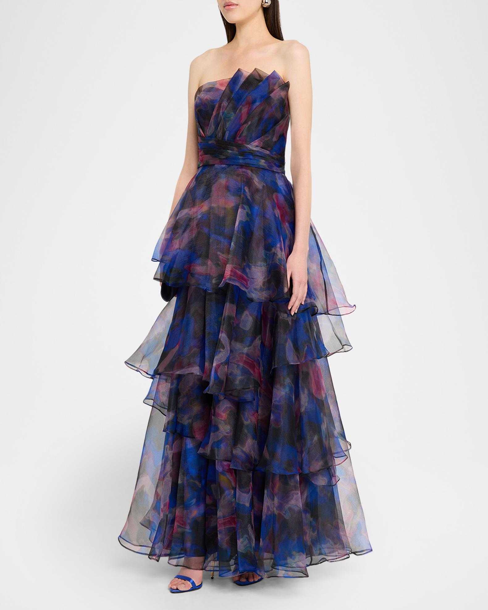 seona knit dress Theia Tiered Abstract-Print Organza Gown Elegant Spaghetti Strap Dresses