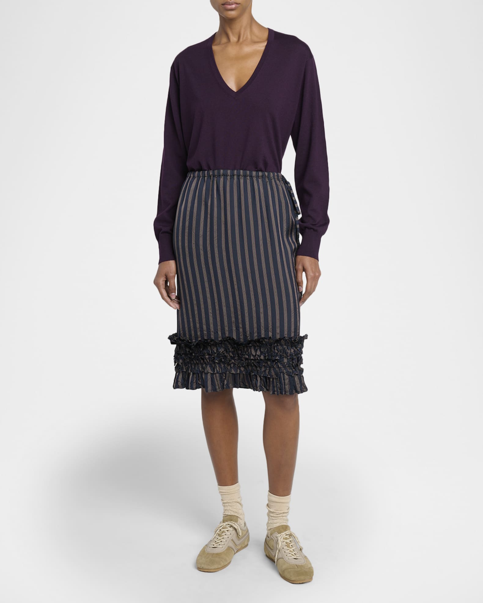 Dries Van Noten Scotts Striped Ruffle Satin Midi Skirt | Neiman Marcus