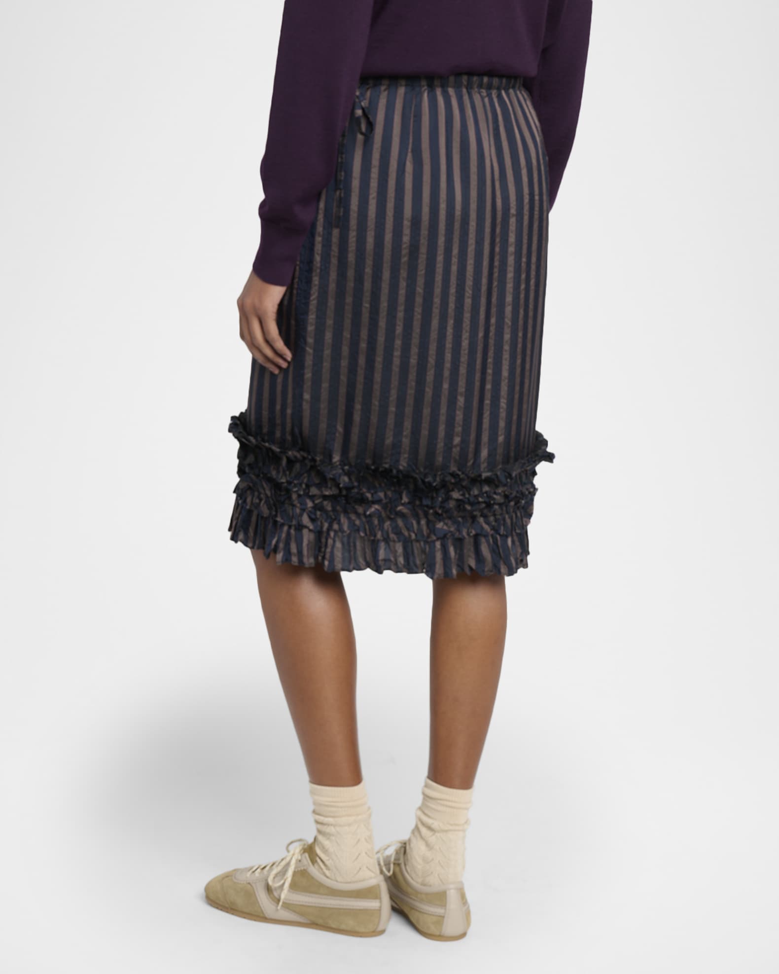 Dries Van Noten Scotts Striped Ruffle Satin Midi Skirt | Neiman Marcus