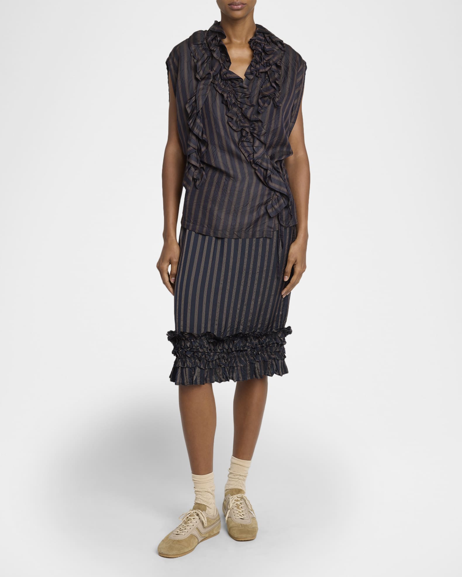 Dries Van Noten Clematis Striped Ruffle Cap-Sleeve Wrap Top