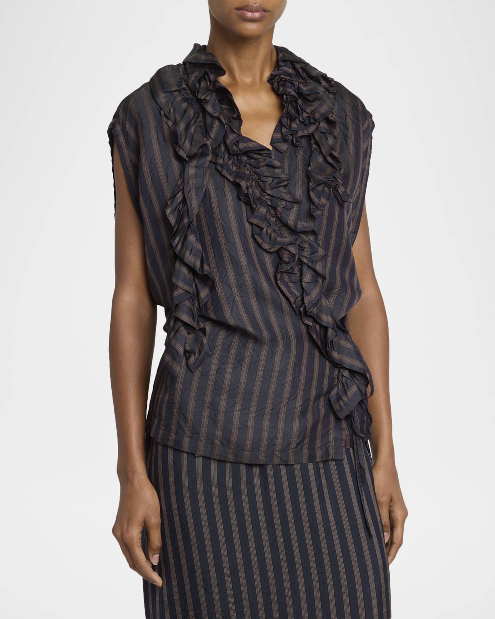 Dries Van Noten Clematis Striped Ruffle Cap-Sleeve Wrap Top