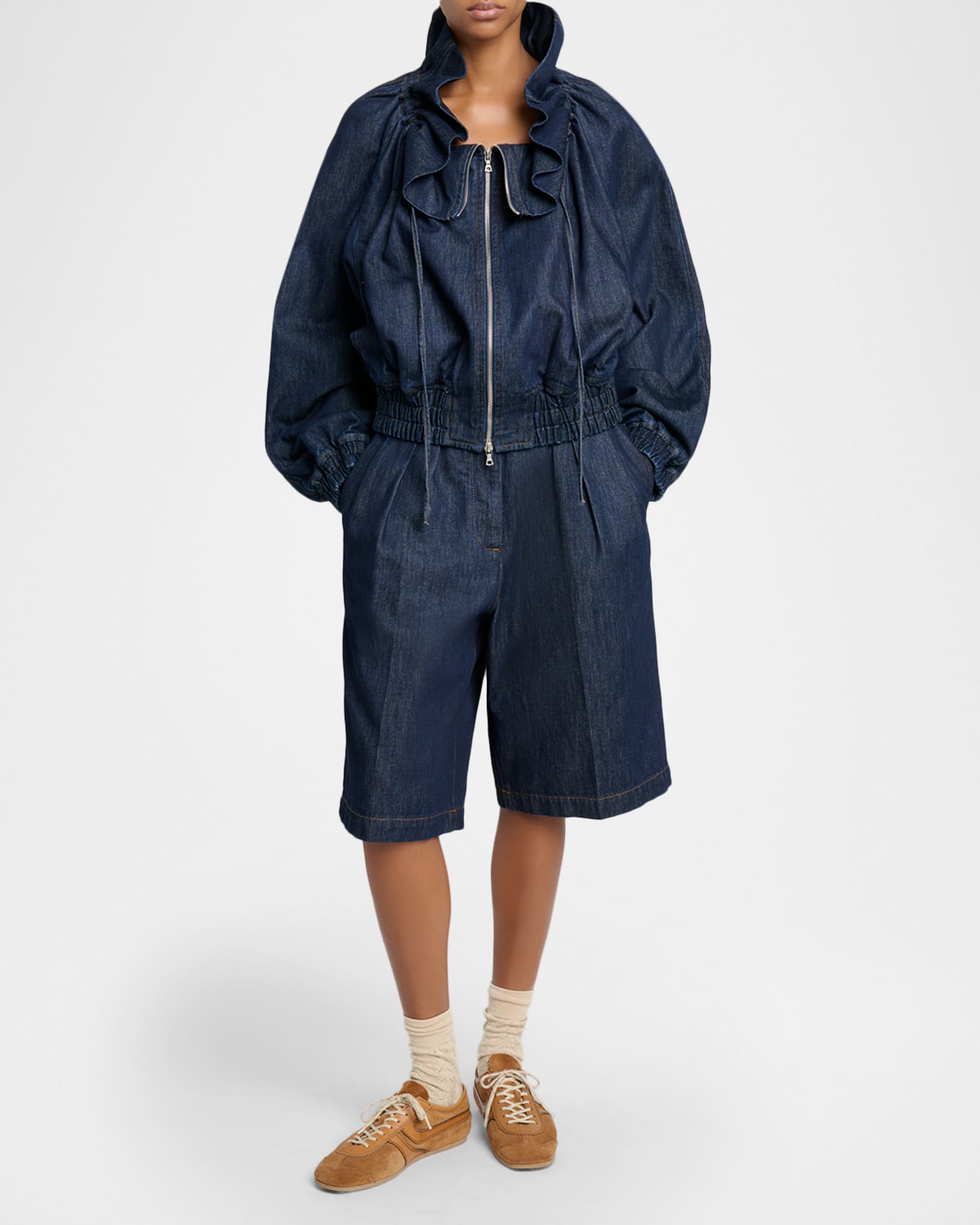 Dries Van Noten Voly Ruffle-Collar Denim Zip Jacket | Neiman Marcus