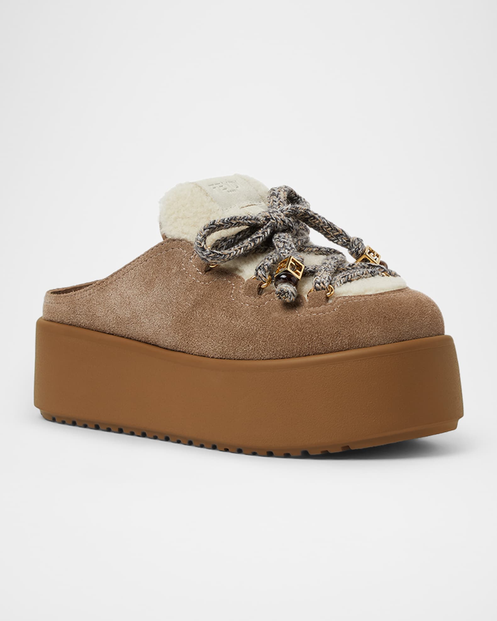 Fendi Apres Chic Shearling-Lined Suede Platform Mules | Neiman Marcus
