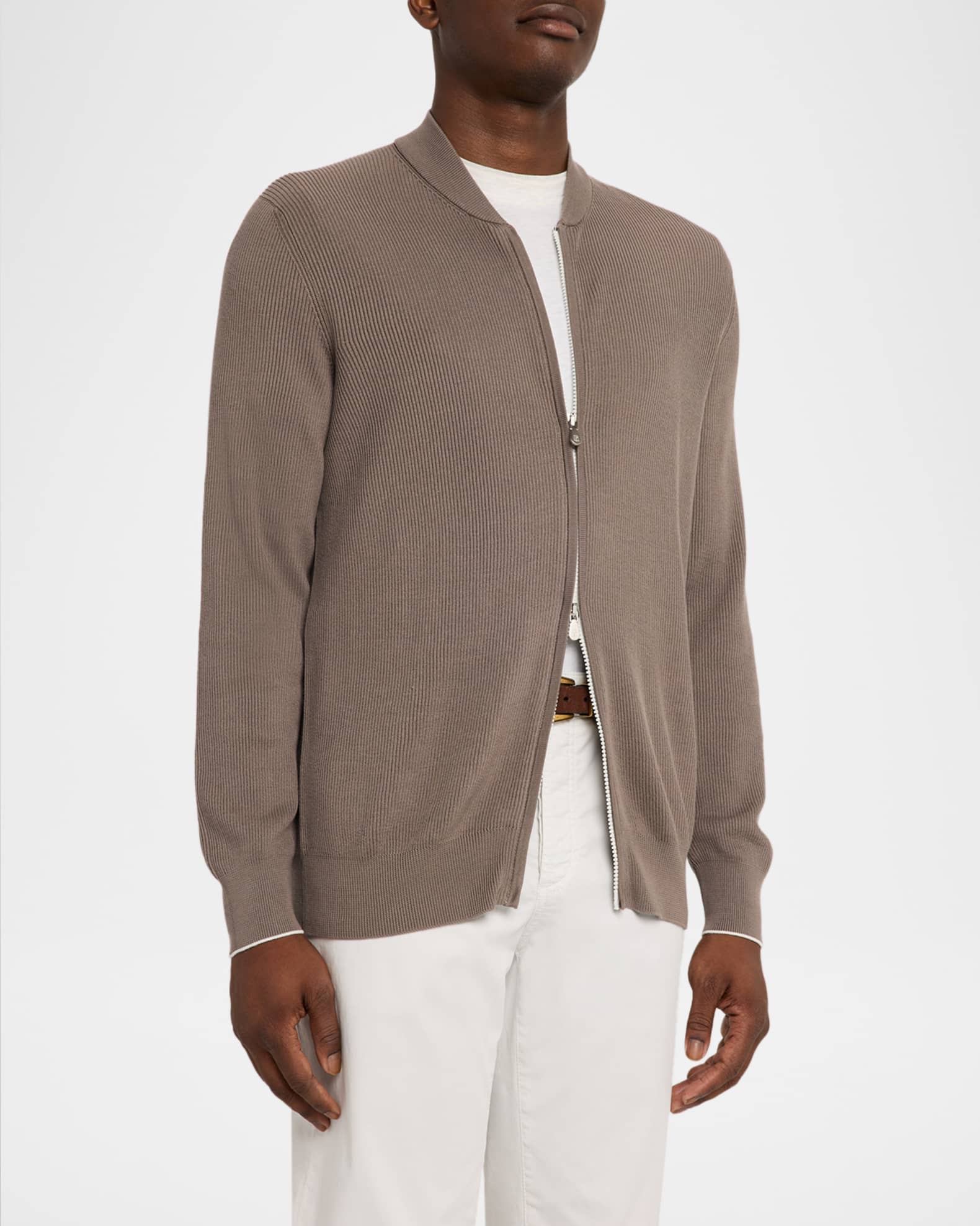 Brunello Cucinelli Men's Cotton Rib Baseball Collar Zip Cardigan