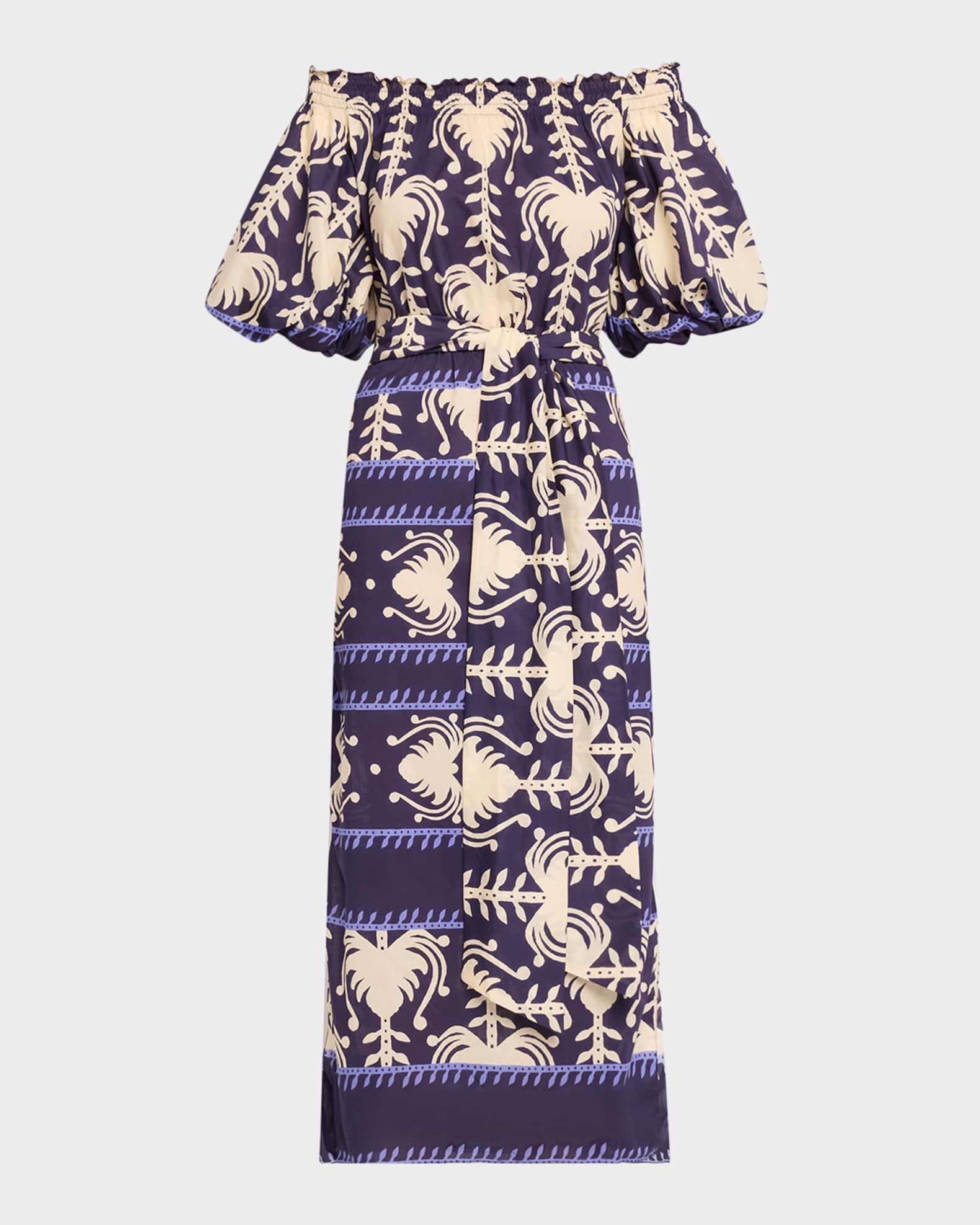 Johanna Ortiz Abstract-Print Light Poplin Off-The-Shoulder Midi Dress |  Neiman Marcus