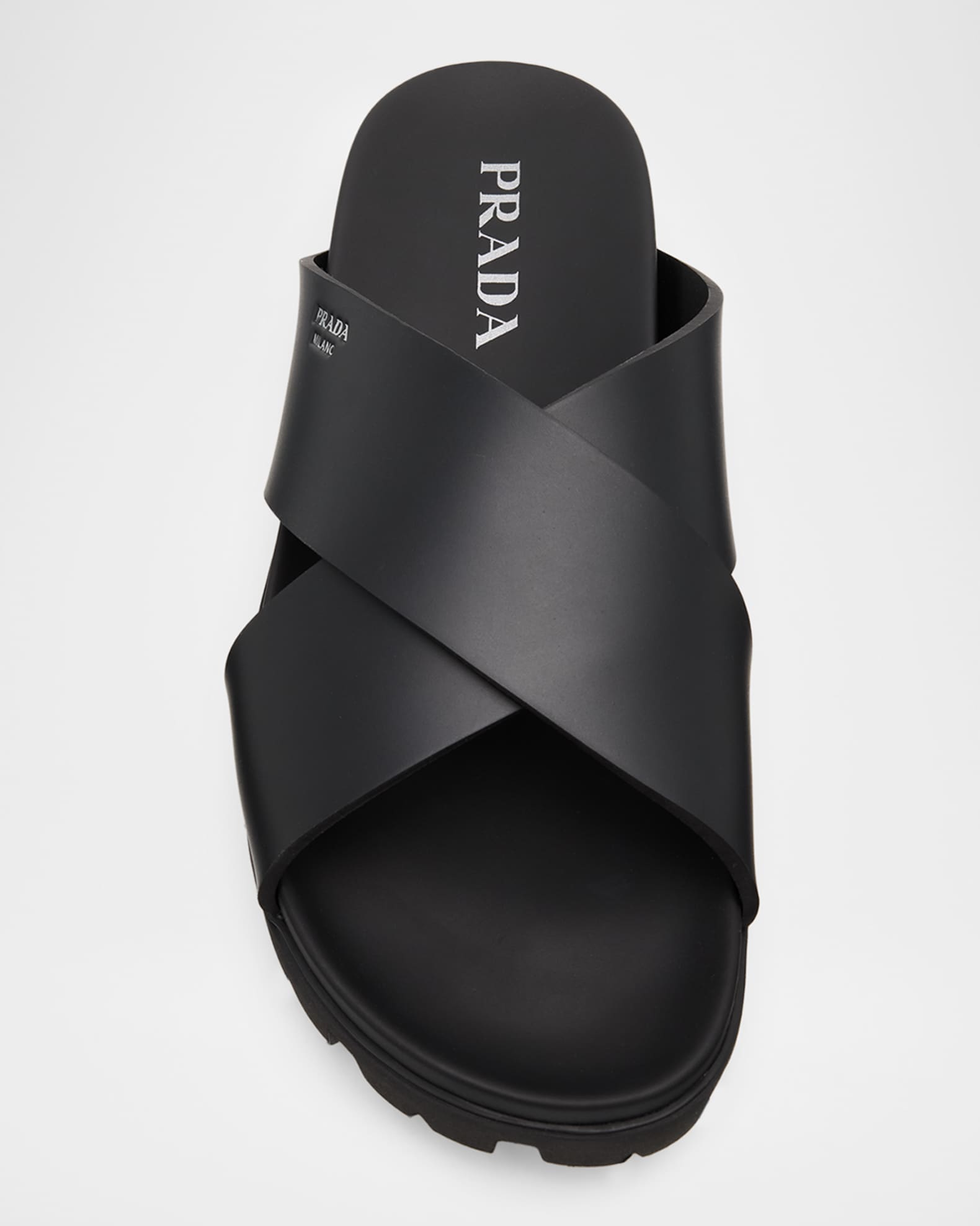 PRADA Soft Cage サンダル ブラック 37 Prada Men's Soft Cage Criss-Cross Rubber Slide Sandals | Neiman Marcus