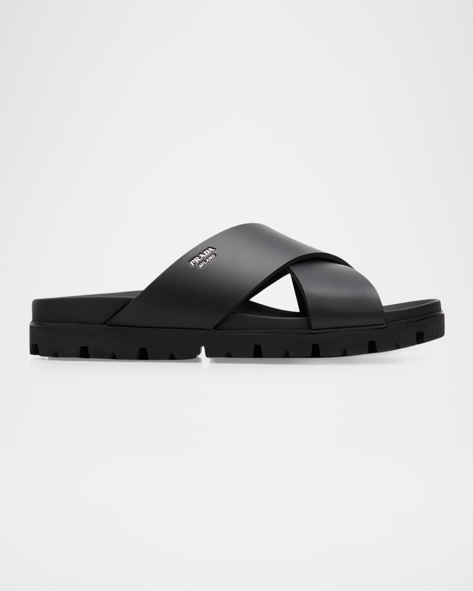Prada Men's Soft Cage Criss-Cross Rubber Slide Sandals | Neiman Marcus