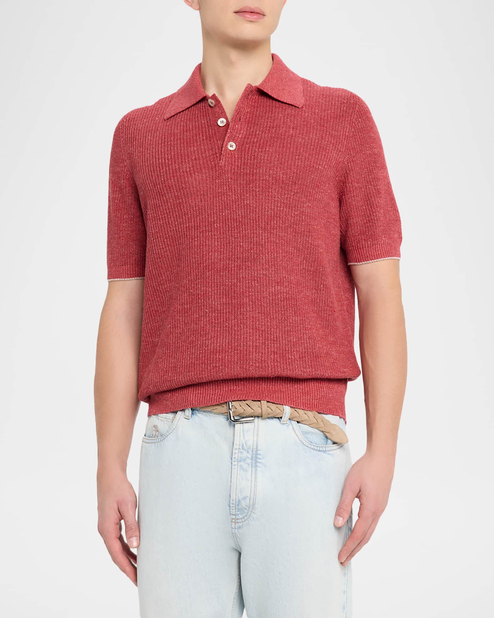 ブルネロクチネリ　リネンポロ　S Brunello Cucinelli Men's Linen and Cotton Ribbed Polo Sweater