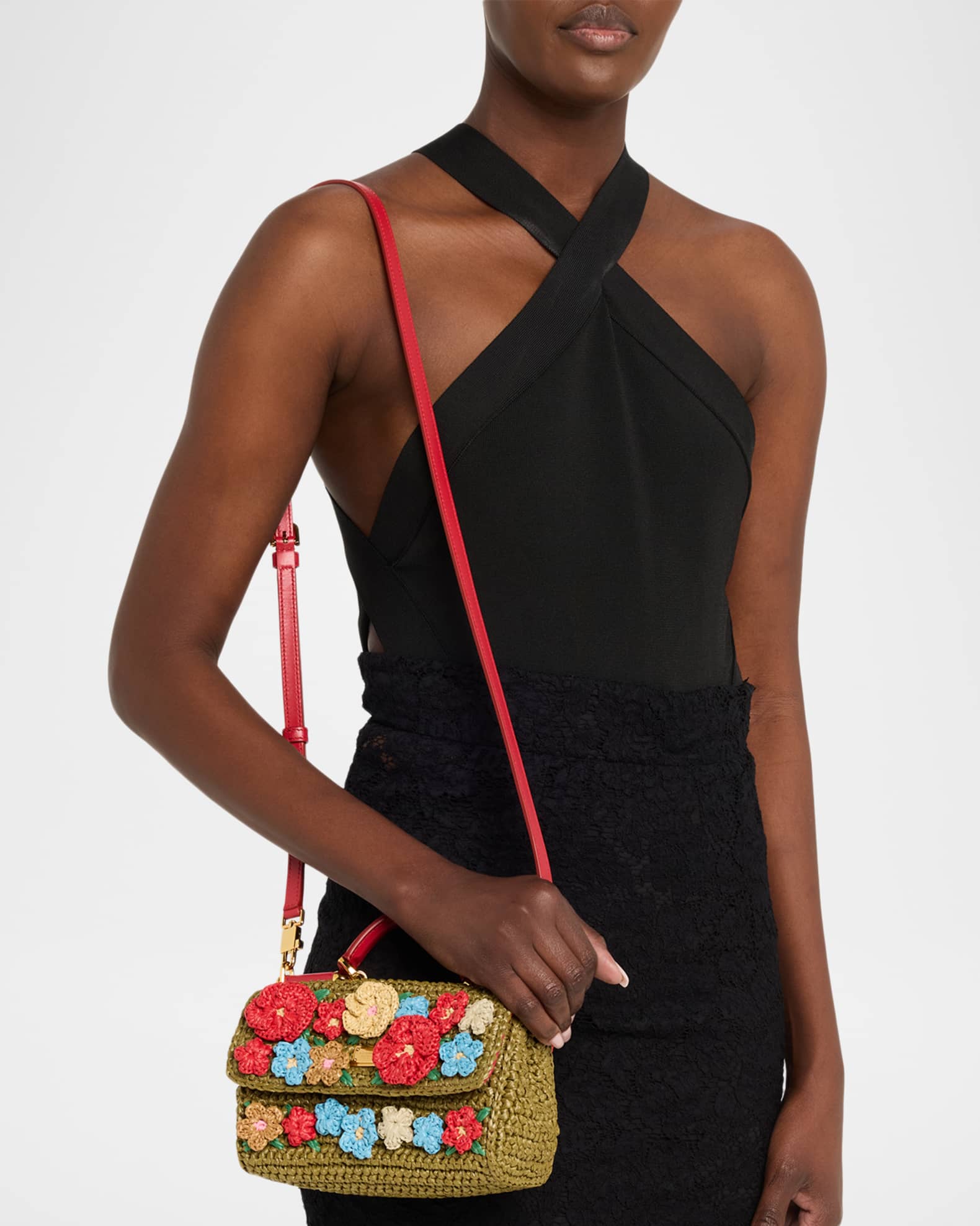 Dolce&Gabbana Floral Applique Crochet Faux Raffia Top-Handle Bag