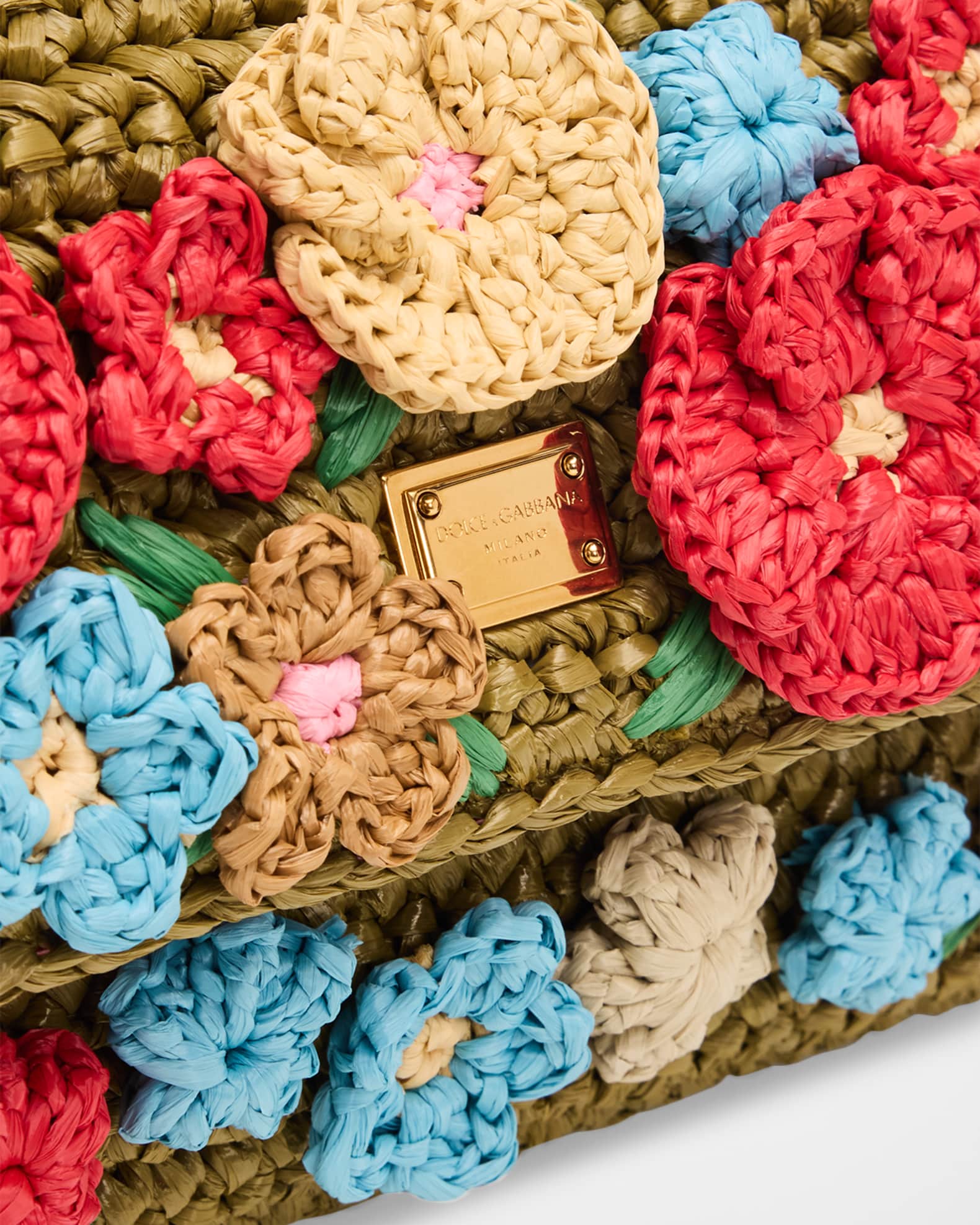 Dolce&Gabbana Floral Applique Crochet Faux Raffia Top-Handle Bag