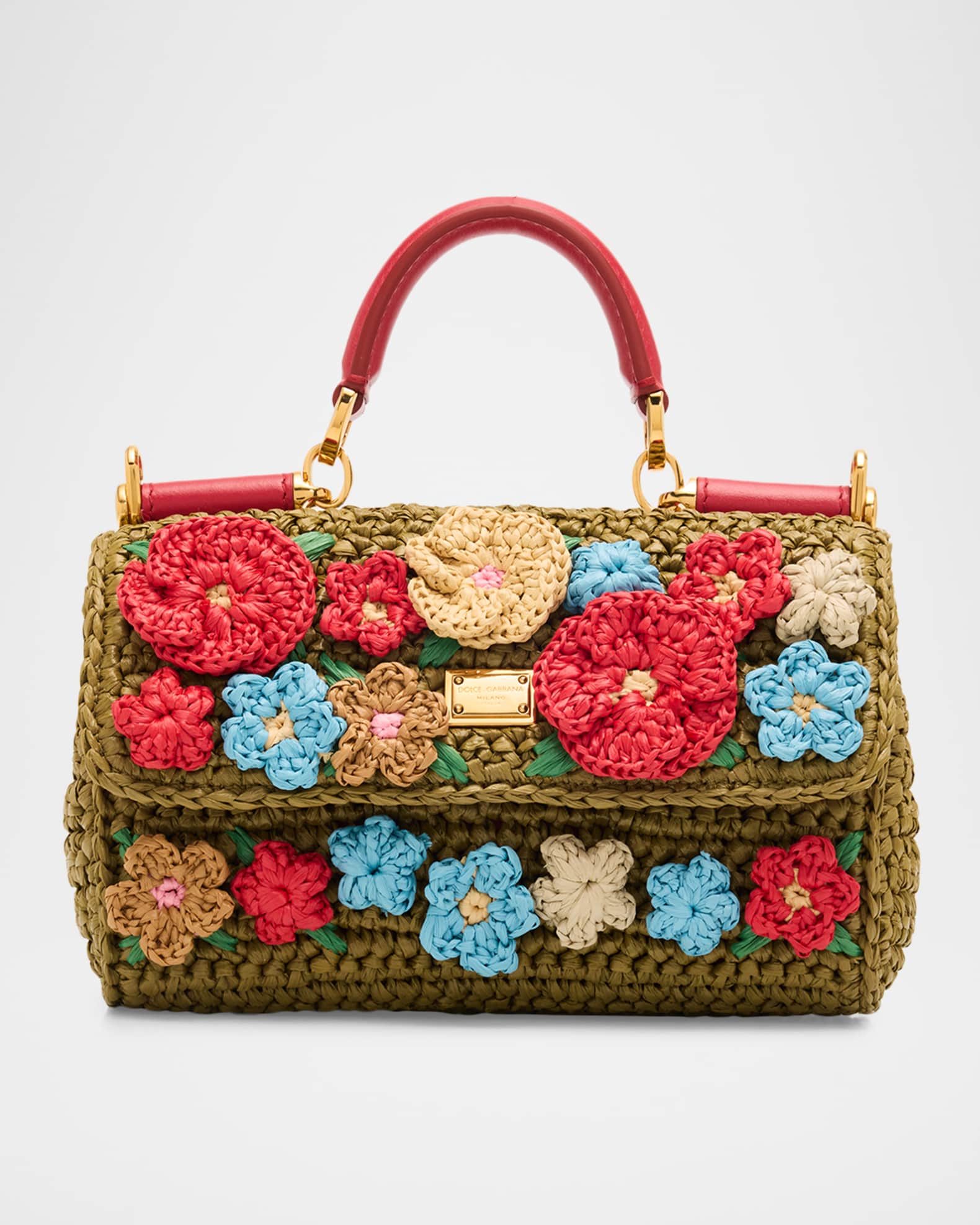 Dolce&Gabbana Floral Applique Crochet Faux Raffia Top-Handle Bag