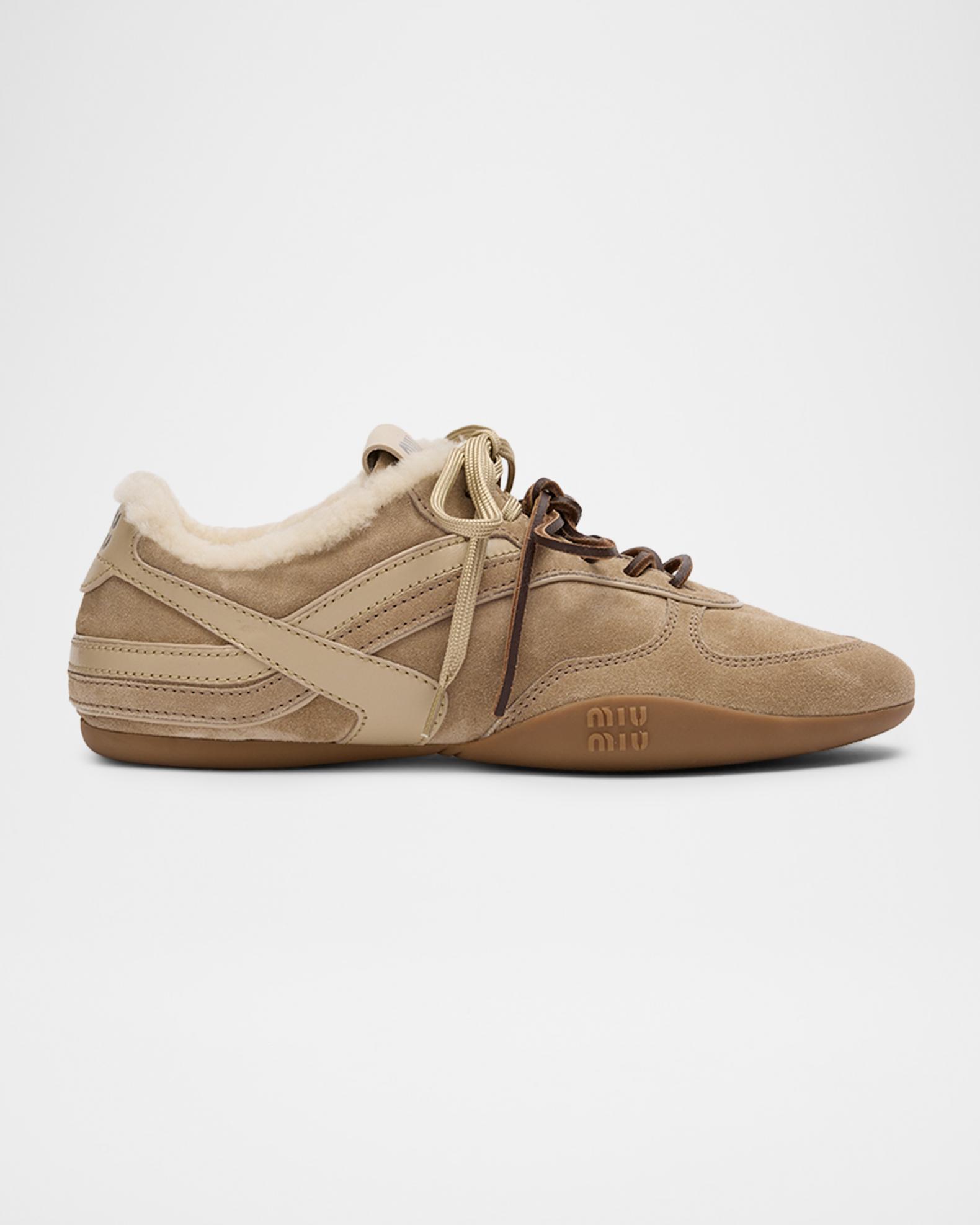 Miu Miu Gymnasium Suede and Shearling Low-Top Sneakers | Neiman Marcus