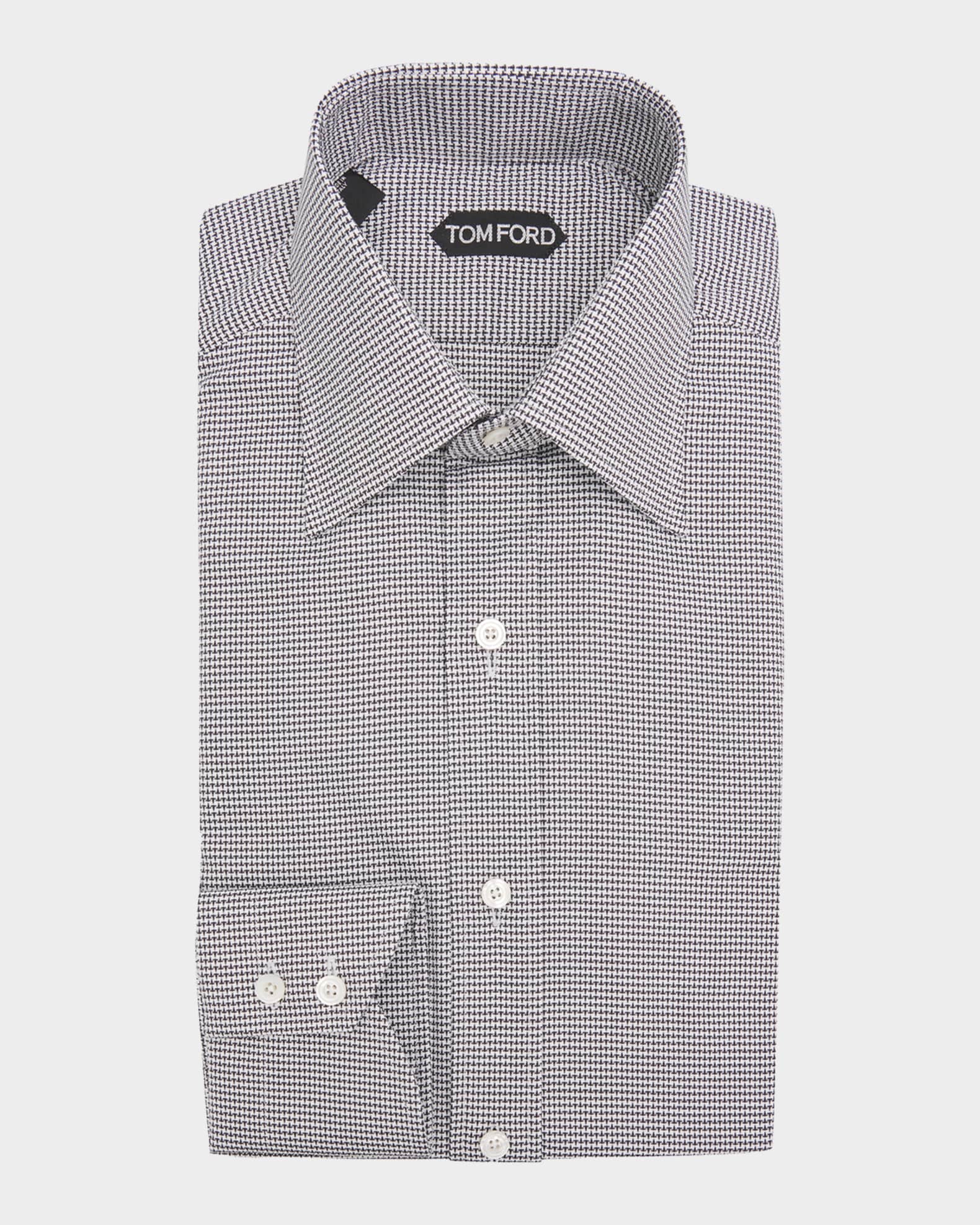 Tom Ford Men's Cotton Micro-Houndstooth Dress Shirt, Black, Men's, 39, Shirts Tops Formal & Evening Dress Shirts