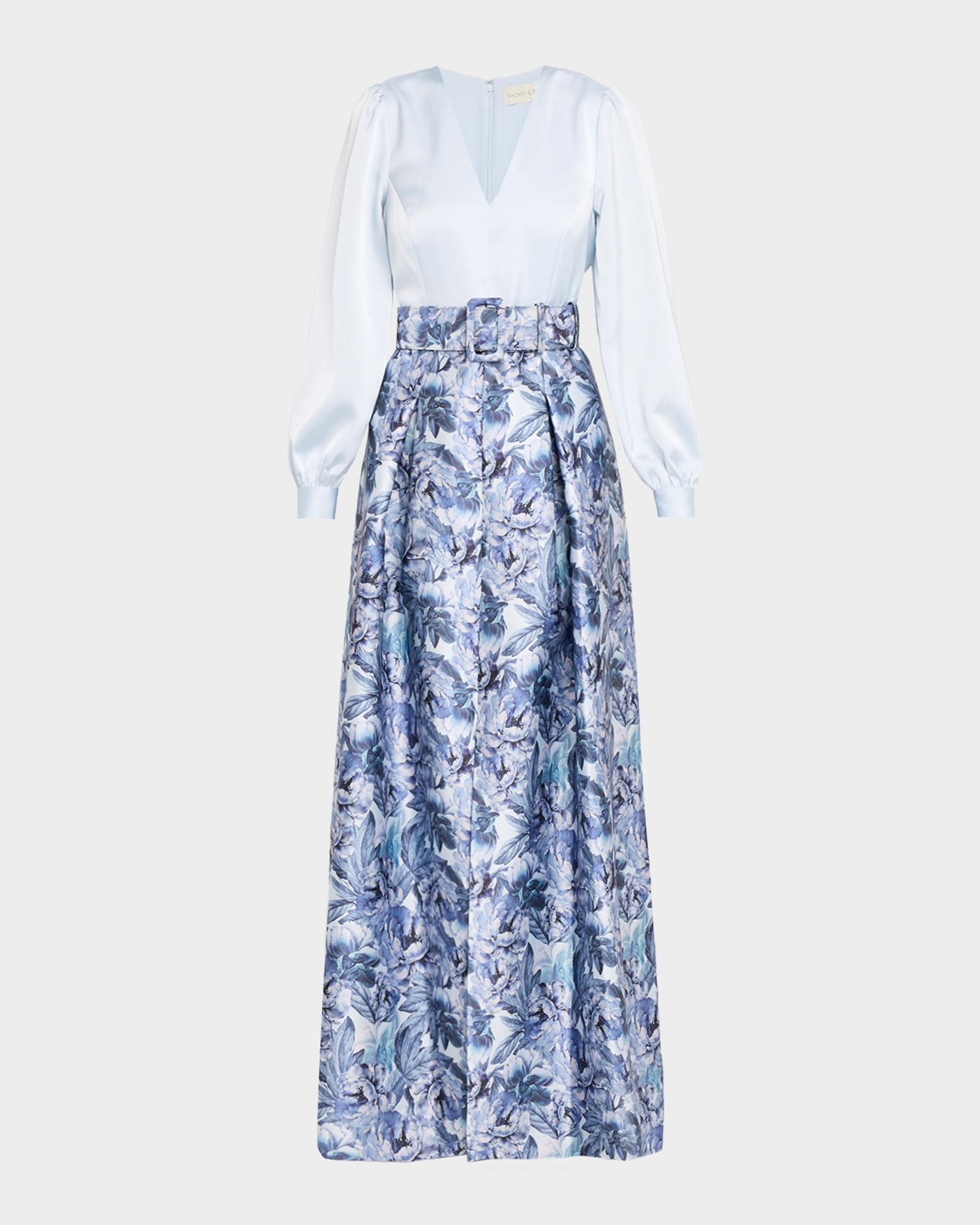 sachin and babi blue and white dress Zerena Floral Mikado Ball Gown Celestial BLUE/FROZEN Flora / 4 printed embroidered eyelet fabric #butter Miley Cyrus shows off Size:42D