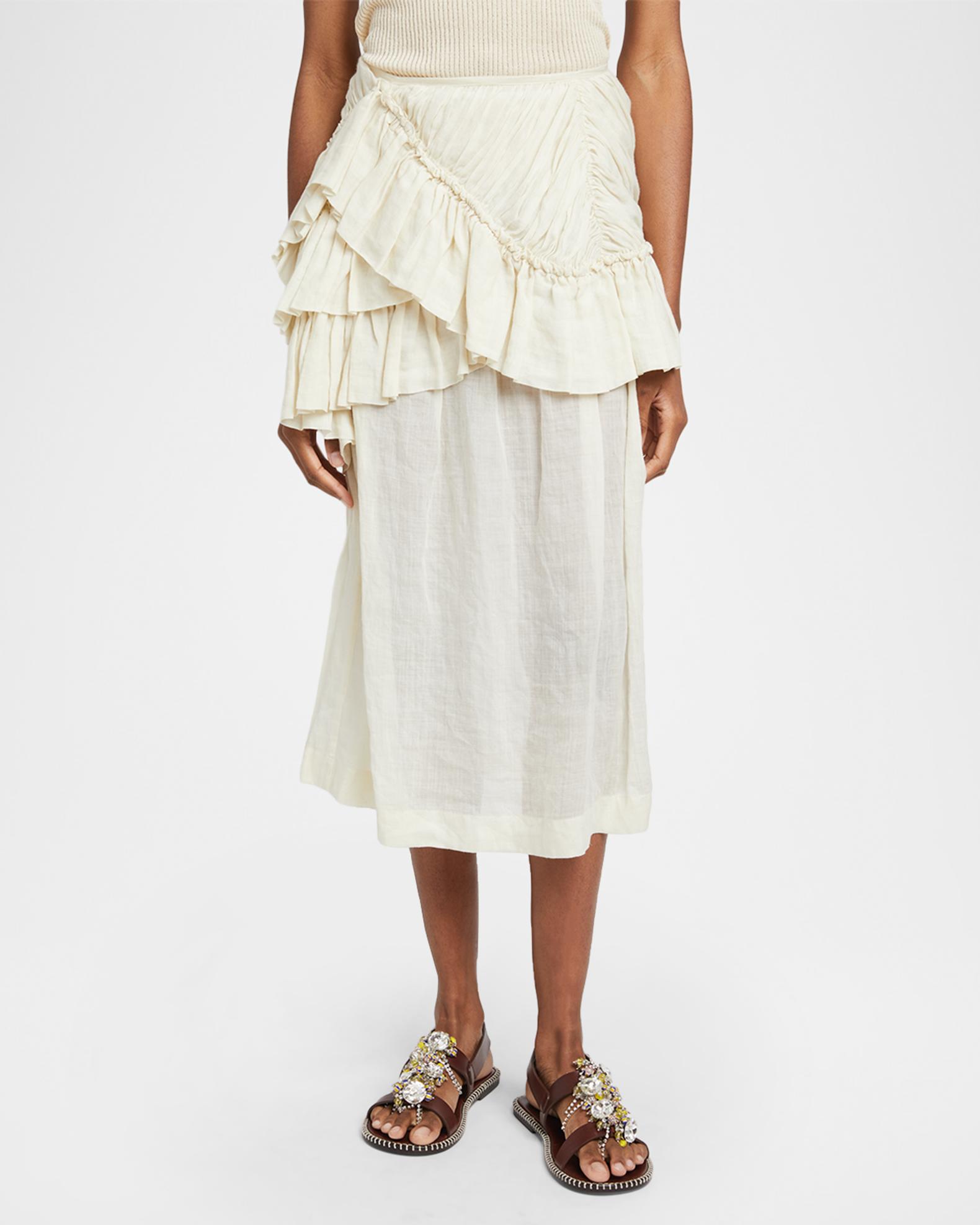Dries Van Noten Shelby Draped Ruffle Ramie Midi Skirt | Neiman Marcus