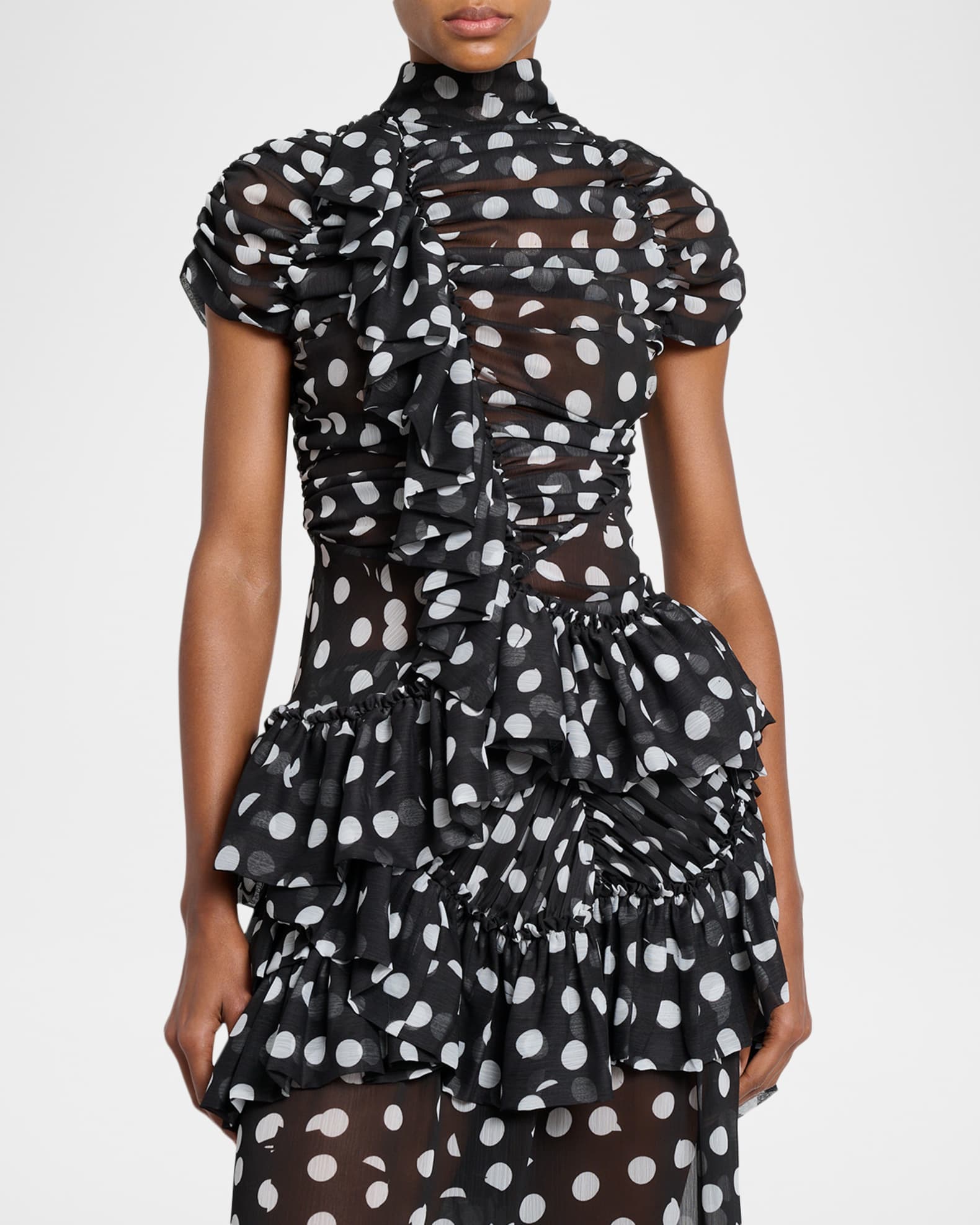 Dries Van Noten Chuchu Polka-Dot Sheer Ruffle Blouse | Neiman Marcus