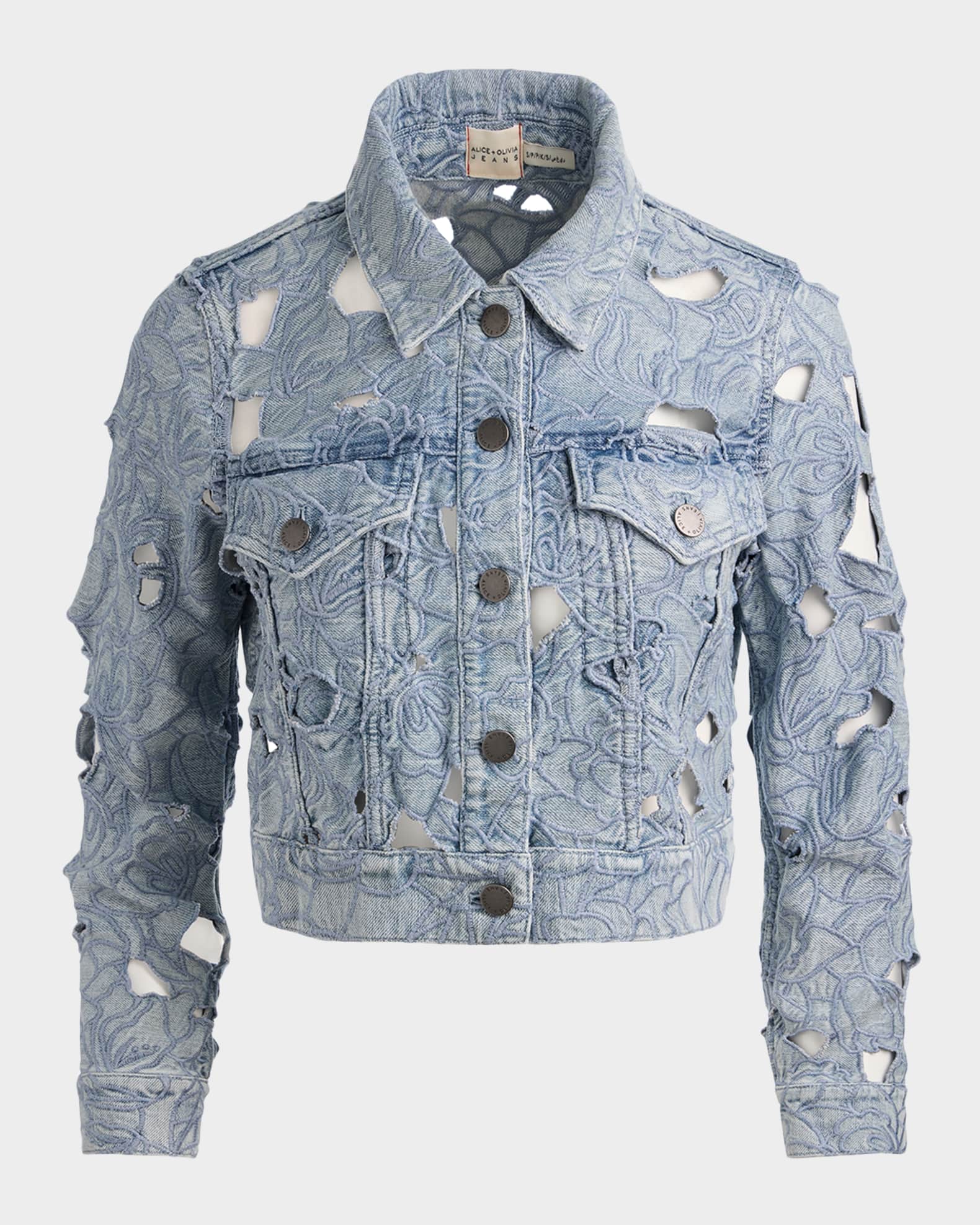 Alice + Olivia Chloe Laser-Cut Denim Jacket | Neiman Marcus