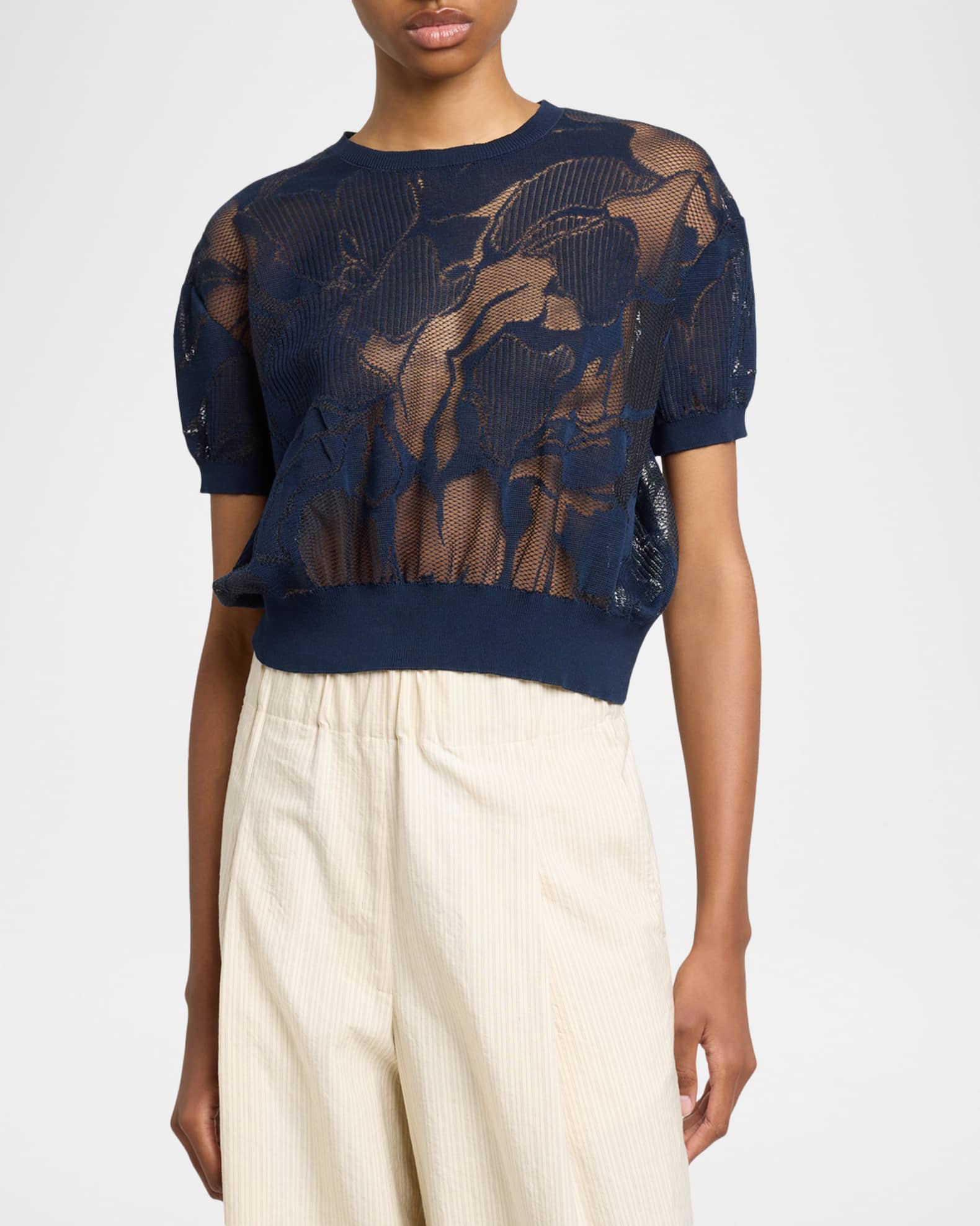 Dries Van Noten Lace Knit Short-Sleeve Crop Sweater | Neiman Marcus