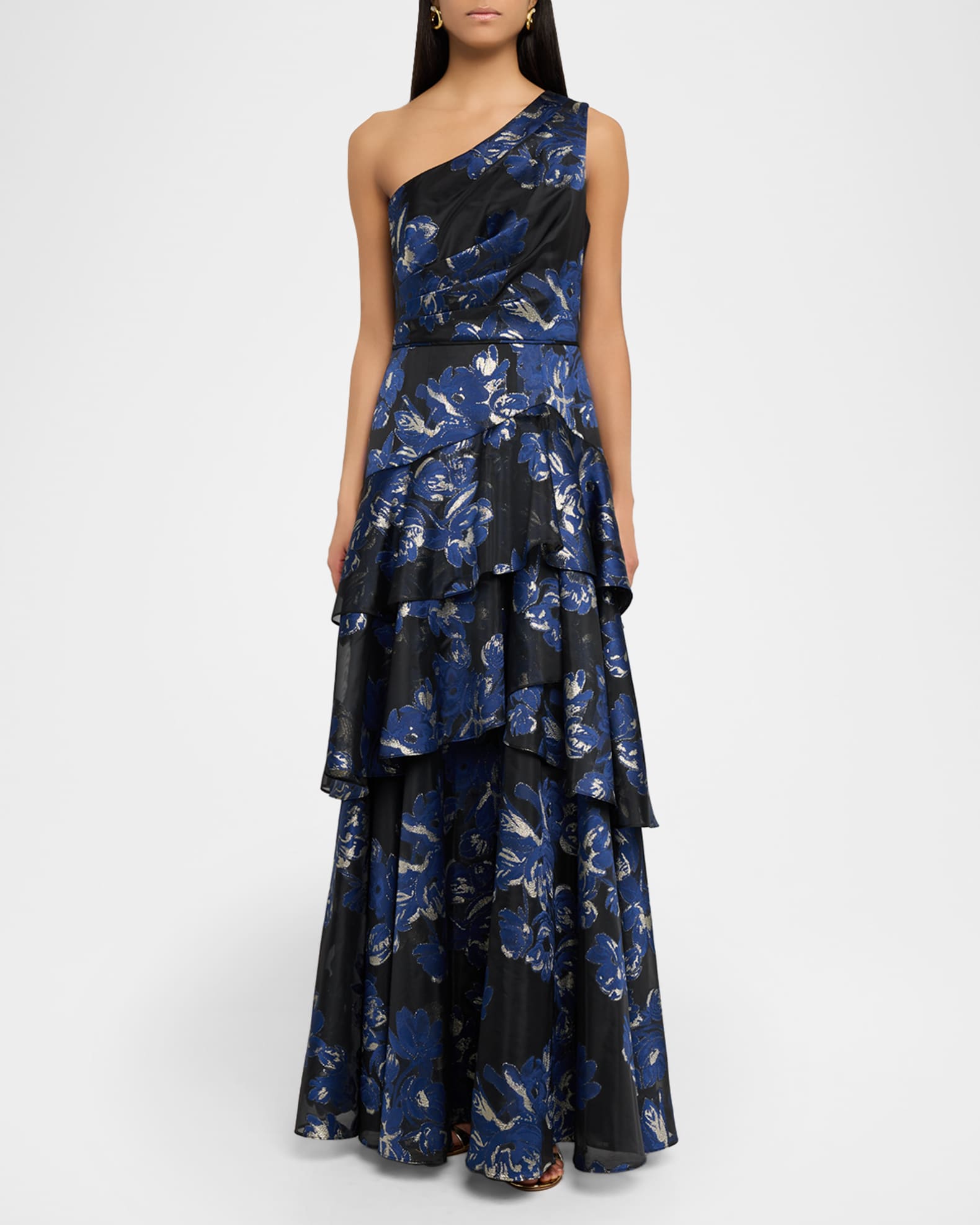 Aidan Mattox Tiered One-Shoulder Floral Jacquard Gown | Neiman Marcus