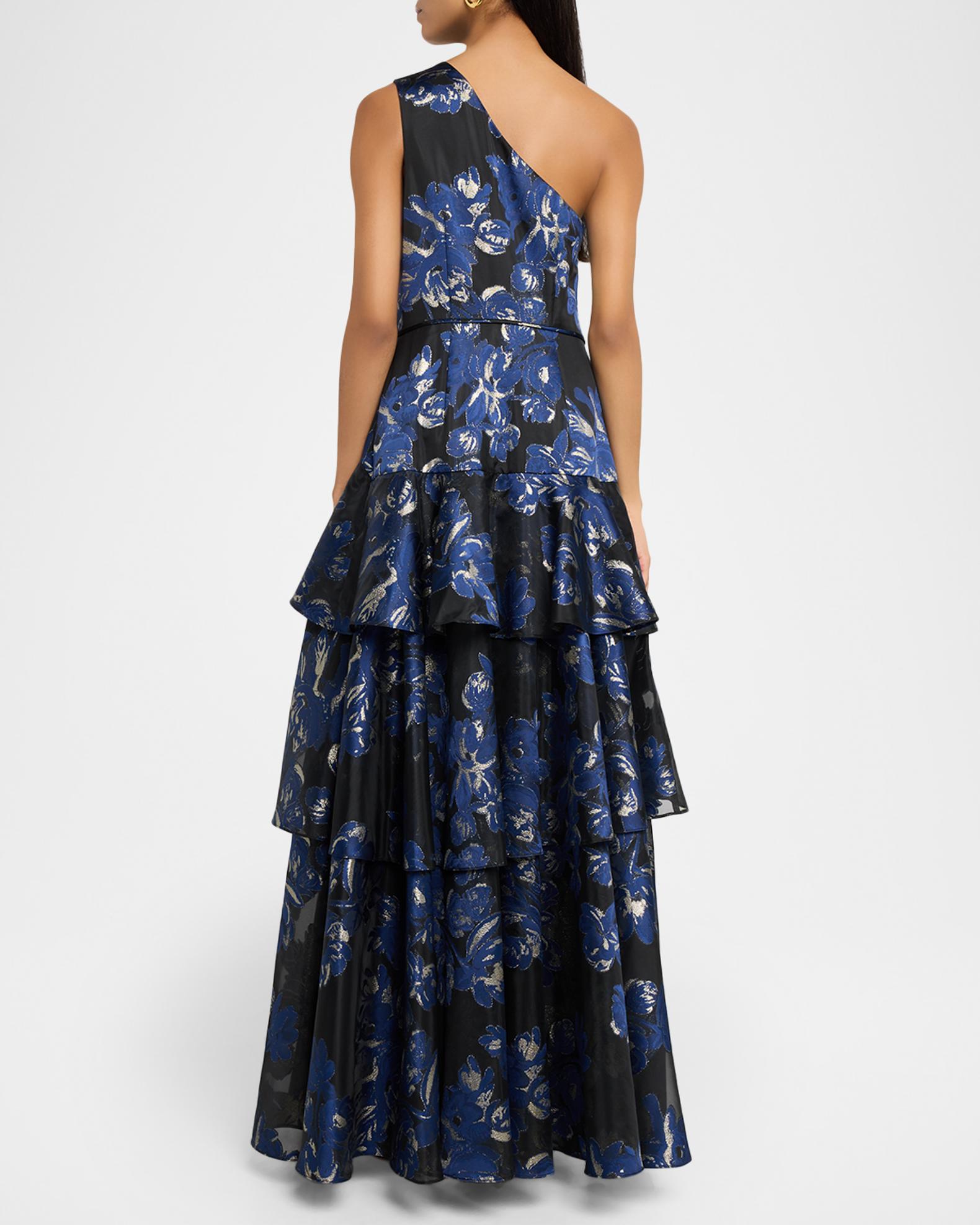 Aidan Mattox Tiered One-Shoulder Floral Jacquard Gown | Neiman Marcus