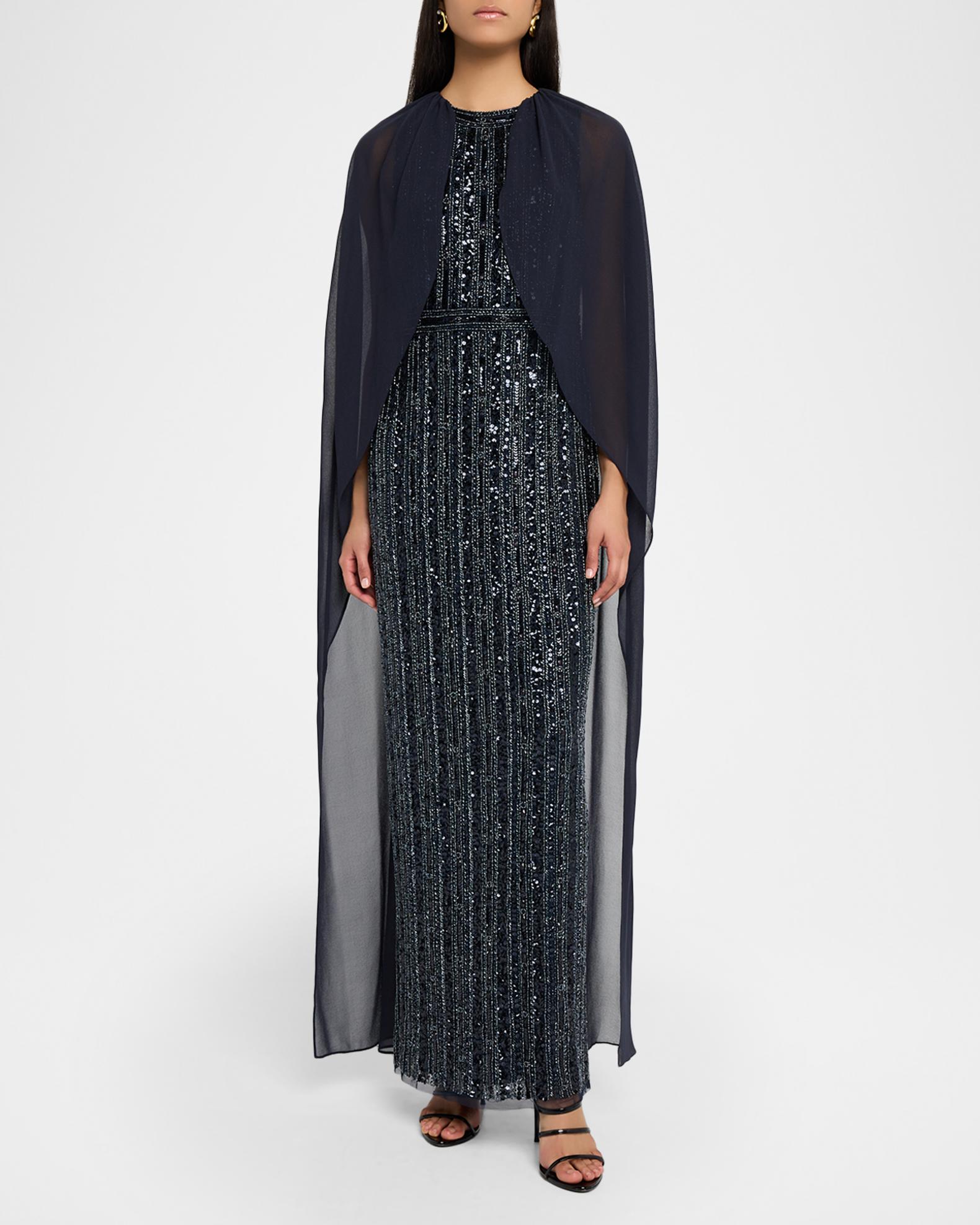Aidan Mattox Beaded Cape-Sleeve Column Gown | Neiman Marcus