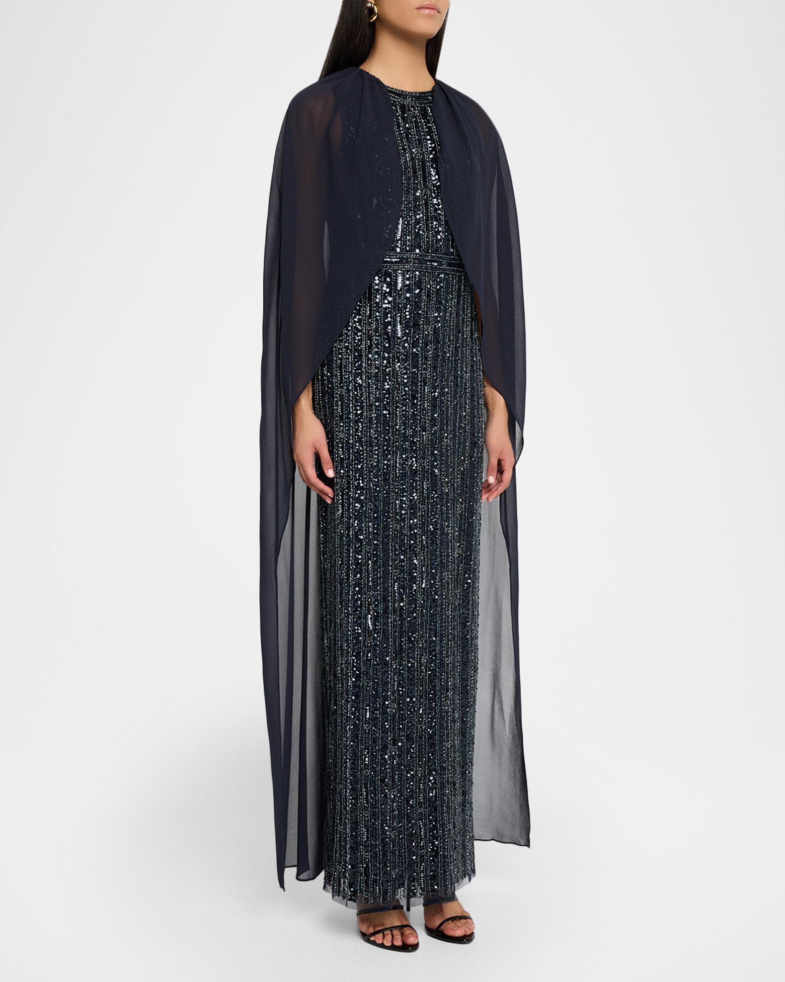 aidan mattox beaded trapeze dress Cape-Sleeve Column Gown, Blue, Women's, 0 Evening Formal Gala Gowns Mother of the Bride Groom Column Gowns Topshop knit backless halter Web Collection: Student Sale Color:Black Blush Aidan Mattox cocktail dress
