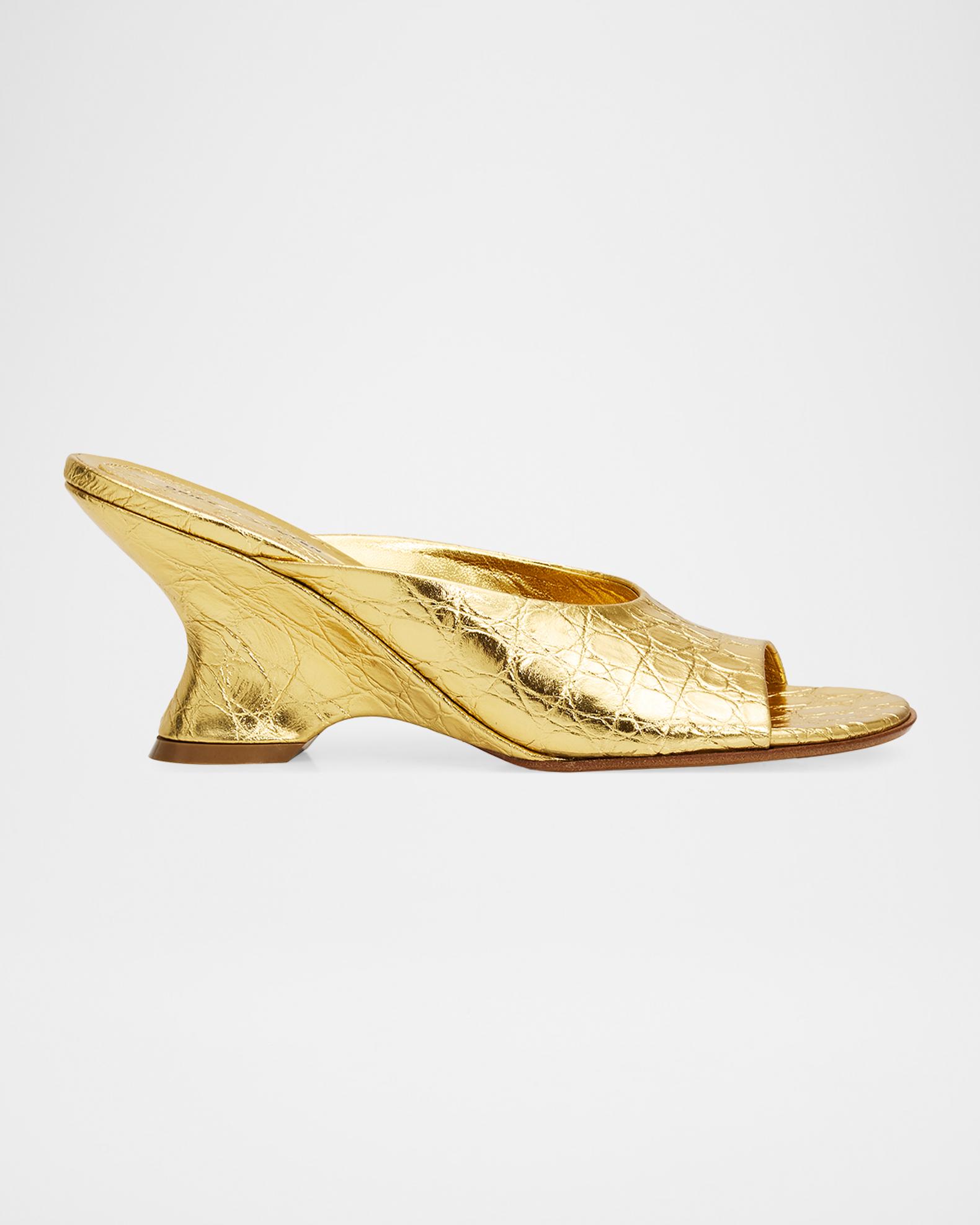 Dries Van Noten 75mm Croc-Embossed Metallic Leather Wedge Mules