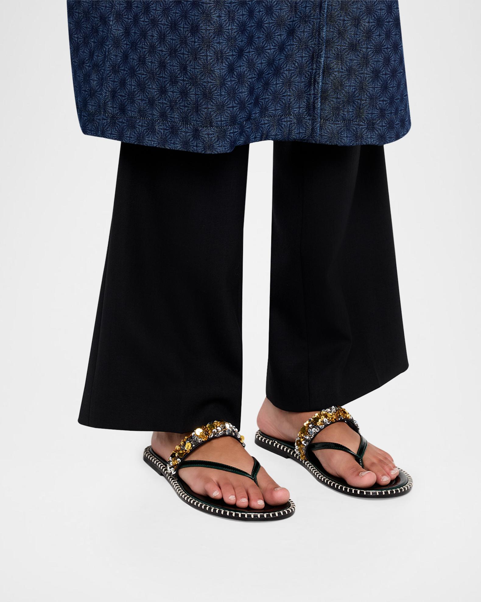 Dries Van Noten Sequined Leather Thong Sandals | Neiman Marcus