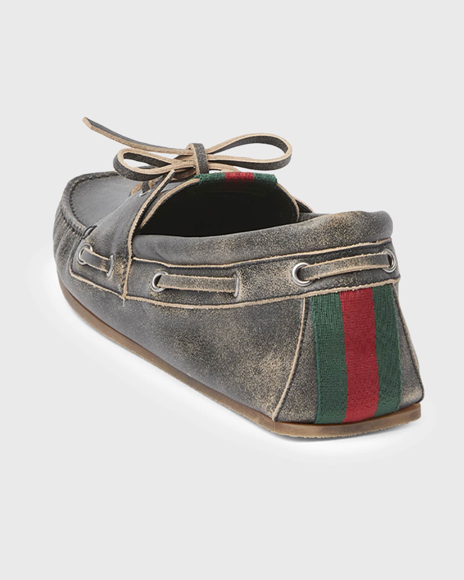 Gucci Men's Web Washed-Effect Leather Boat Shoes | Neiman Marcus