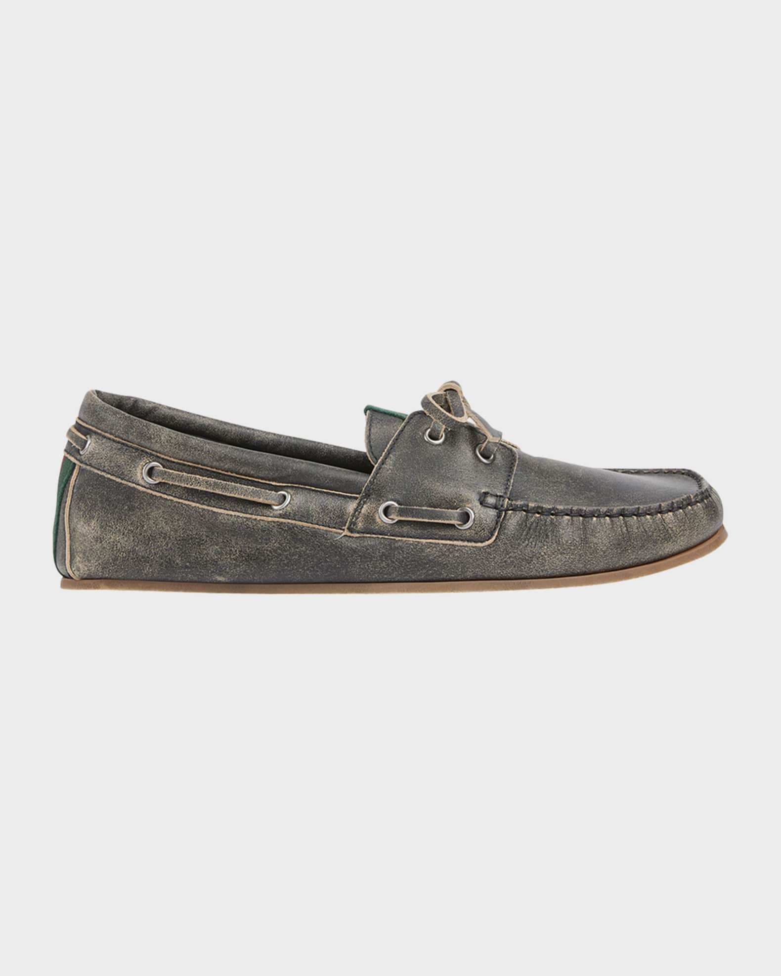 Gucci Men's Web Washed-Effect Leather Boat Shoes | Neiman Marcus