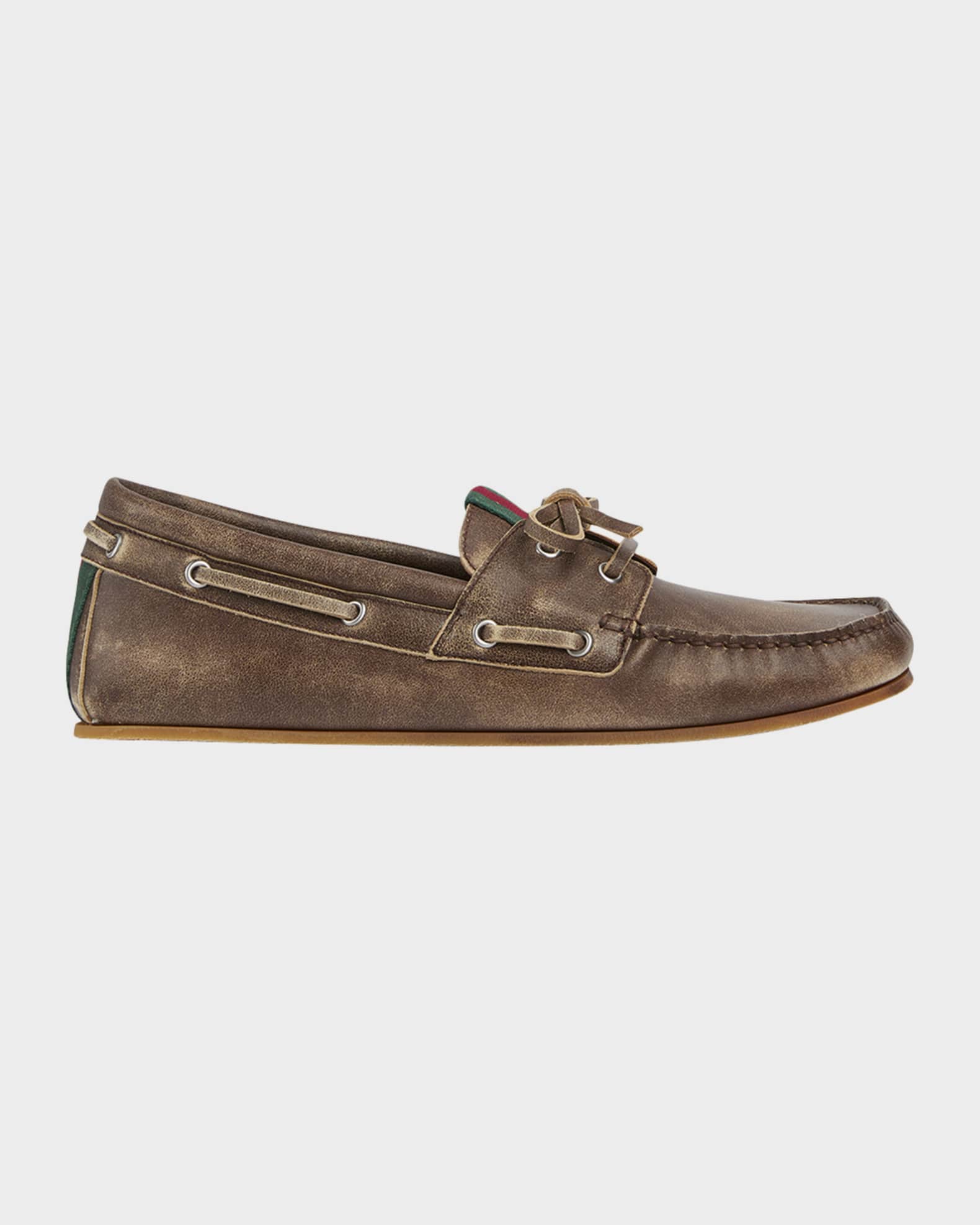 Gucci Men's Web Distressed Leather Boat Shoes - Black - Size 12