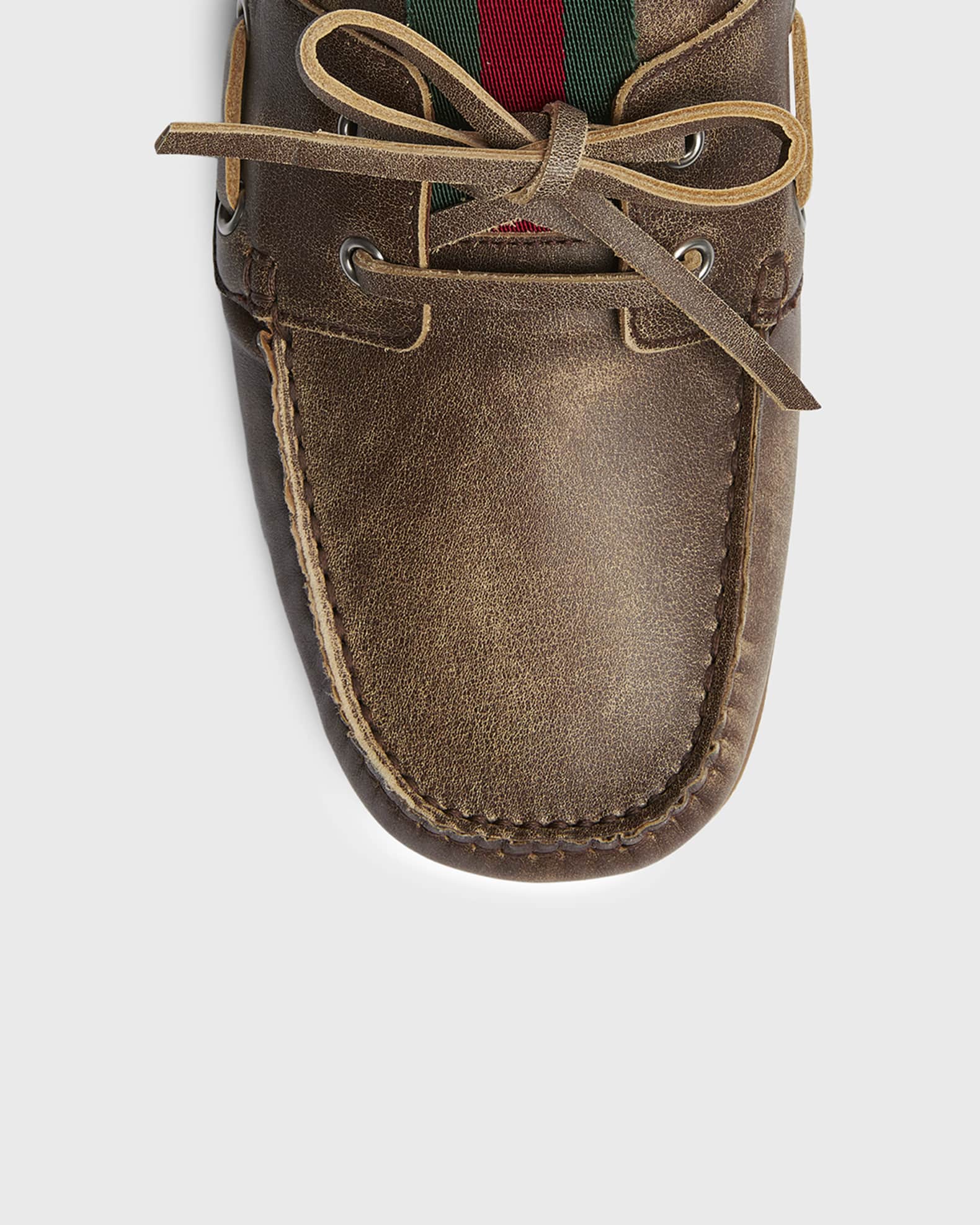 Gucci Men's Web Washed-Effect Leather Boat Shoes | Neiman Marcus