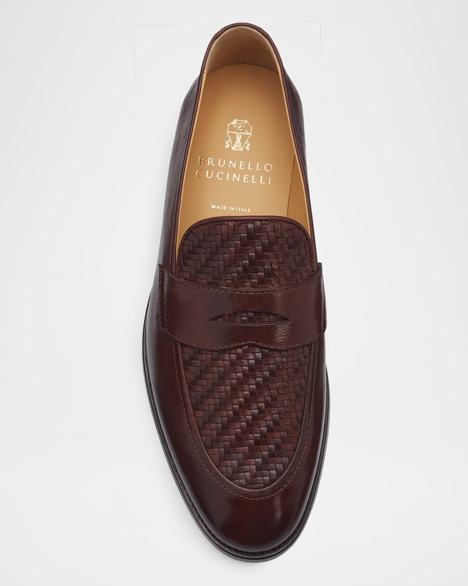 Brunello Cucinelli Men's Woven Vamp Leather Penny Loafers | Neiman