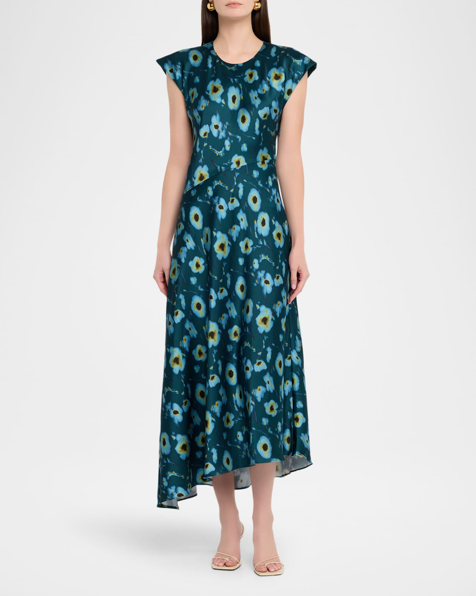Tanya Taylor Violeta Asymmetric Satin Midi Dress | Neiman Marcus