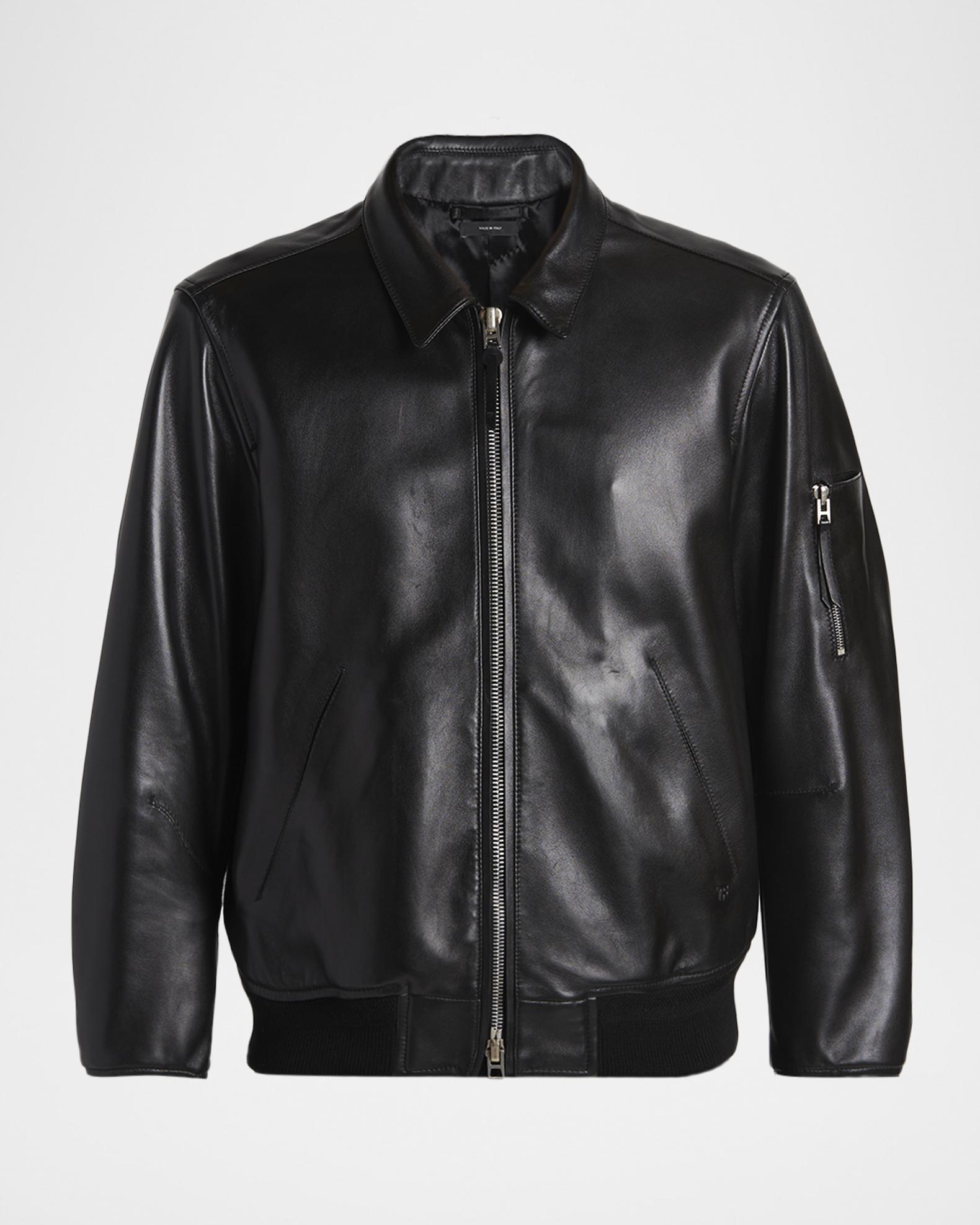 Men's Classic Black Nappa Leather Bomber Jacket - Soft 70's Retro Style