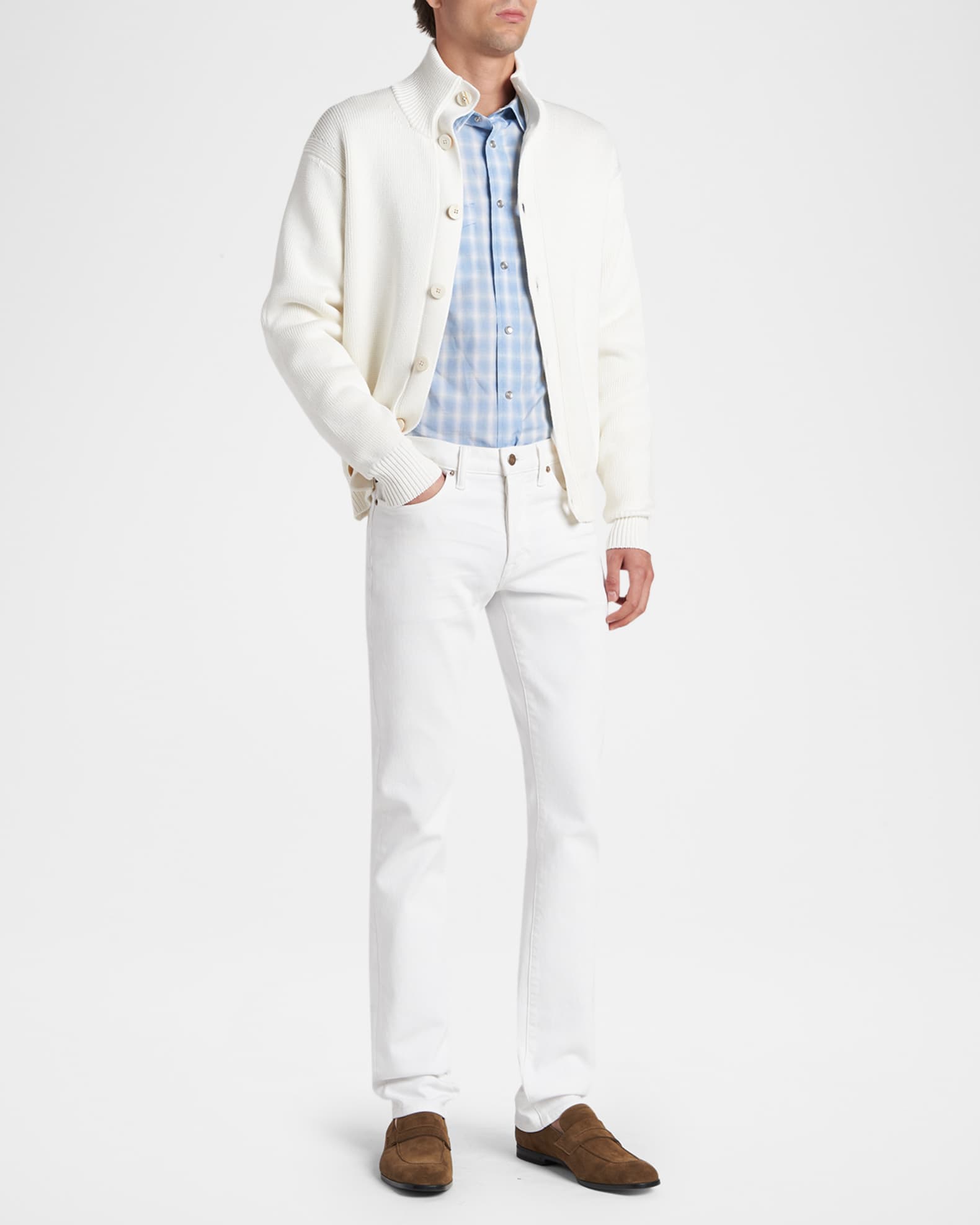 TOM FORD Men's Cotton and Linen Degrade Check Western Shirt