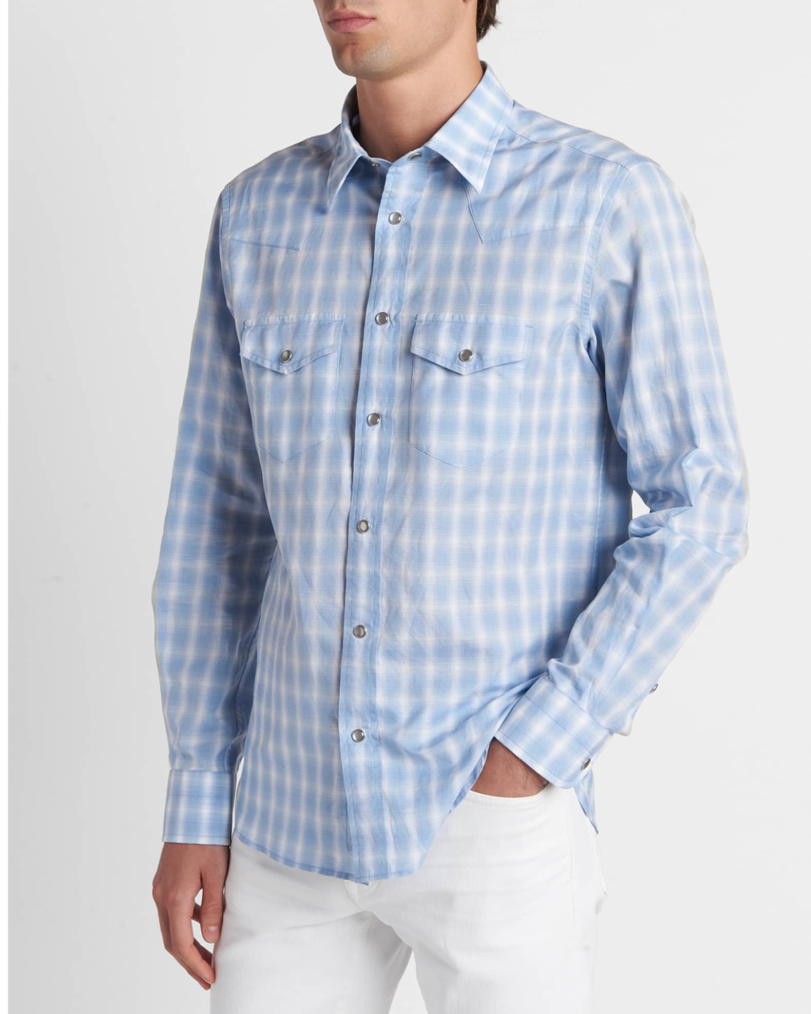 TOM FORD Men's Cotton and Linen Degrade Check Western Shirt