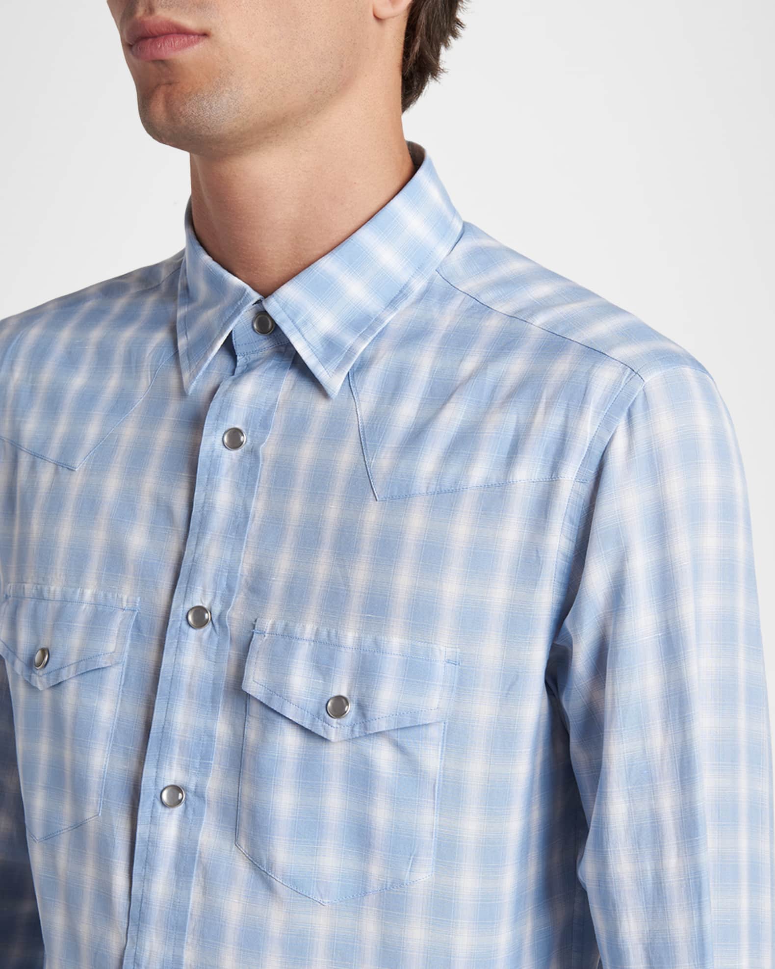TOM FORD Men's Cotton and Linen Degrade Check Western Shirt