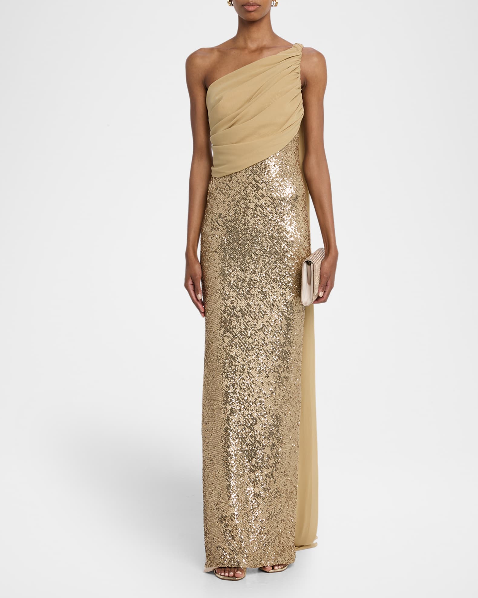 Pamella Roland Women's Sequined Chiffon One-Shoulder Gown - Gold - Size 2