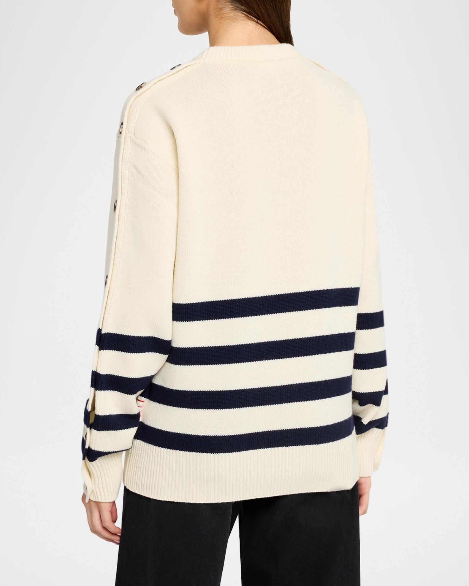 JW Anderson Buttoned-Sleeve Striped Crewneck Sweater | Neiman Marcus