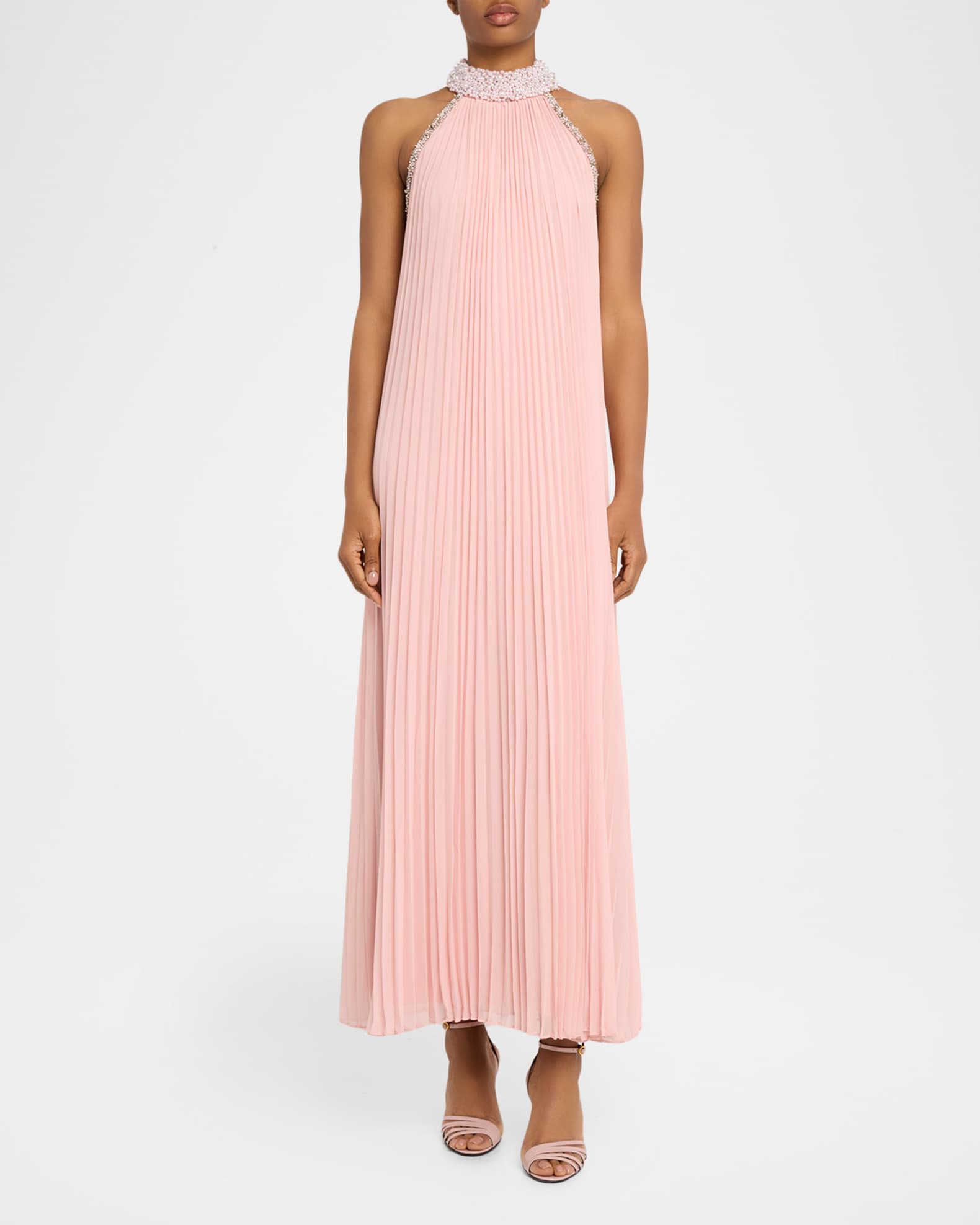 strapless open back dress Fuchsia Pink Pleated Halter Neck Gown main image 1