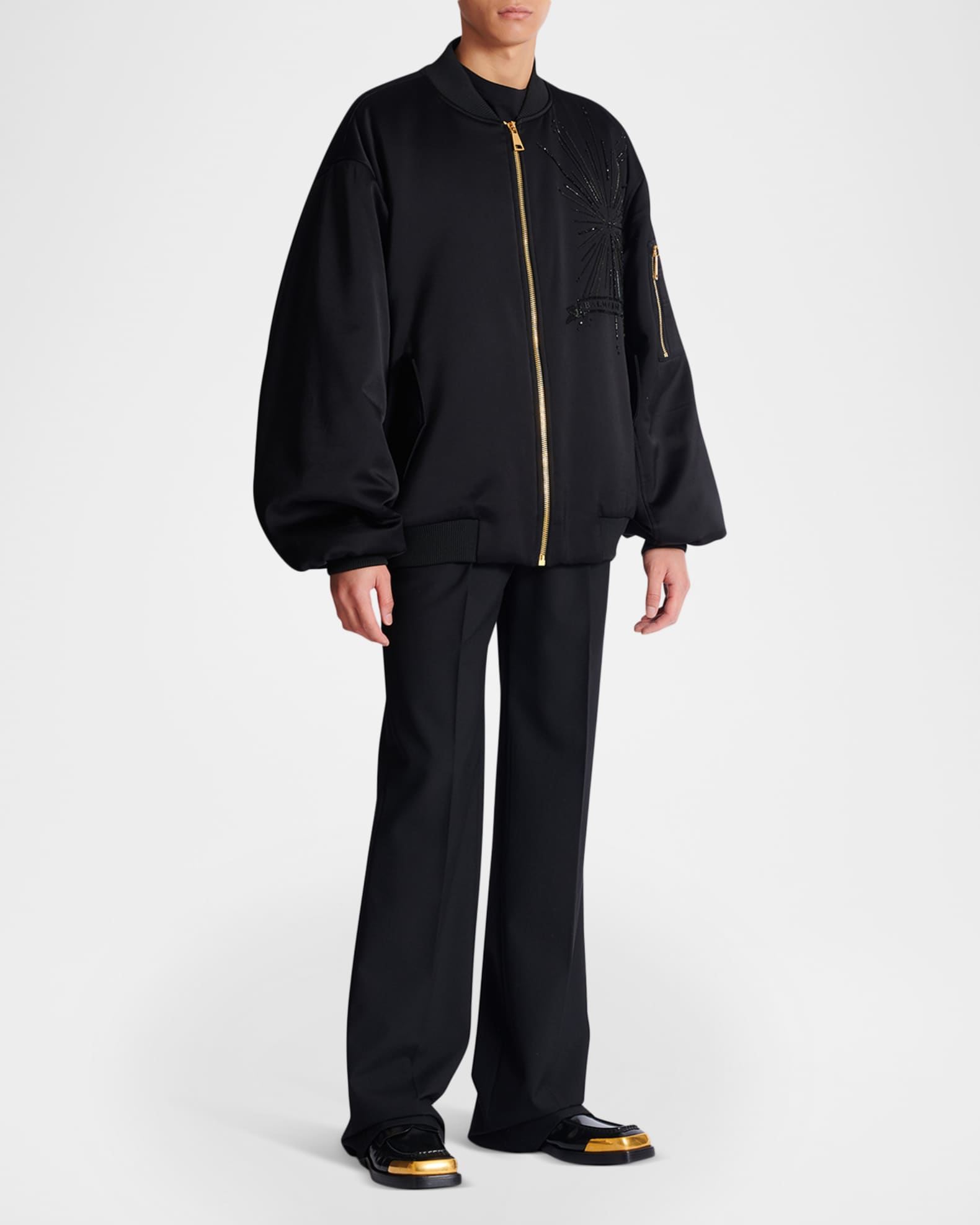 Balmain Men's Crystal-Embroidered Oversized Bomber Jacket | Neiman