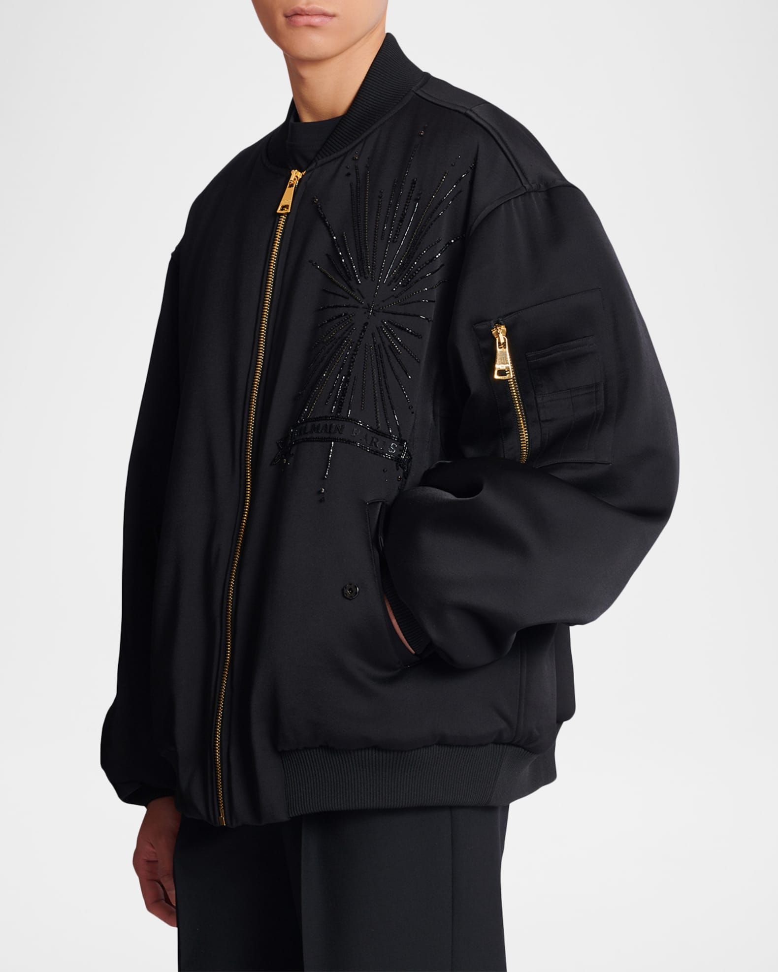 Balmain Men's Crystal-Embroidered Oversized Bomber Jacket | Neiman