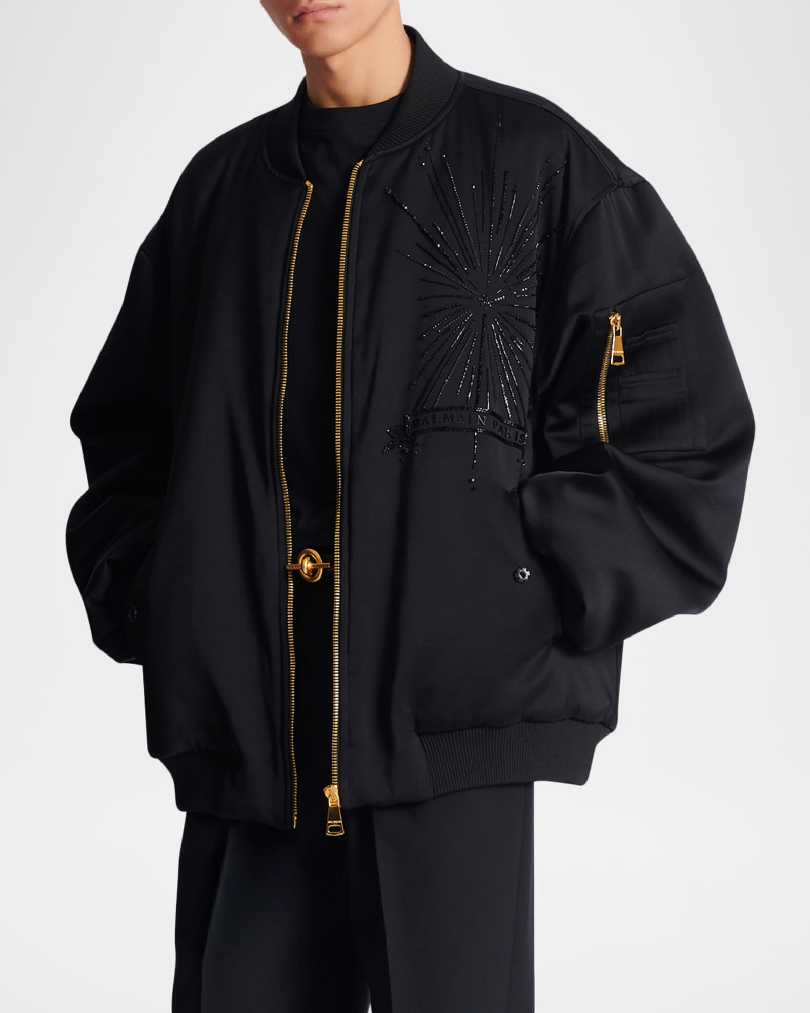 Balmain Men's Crystal-Embroidered Oversized Bomber Jacket | Neiman
